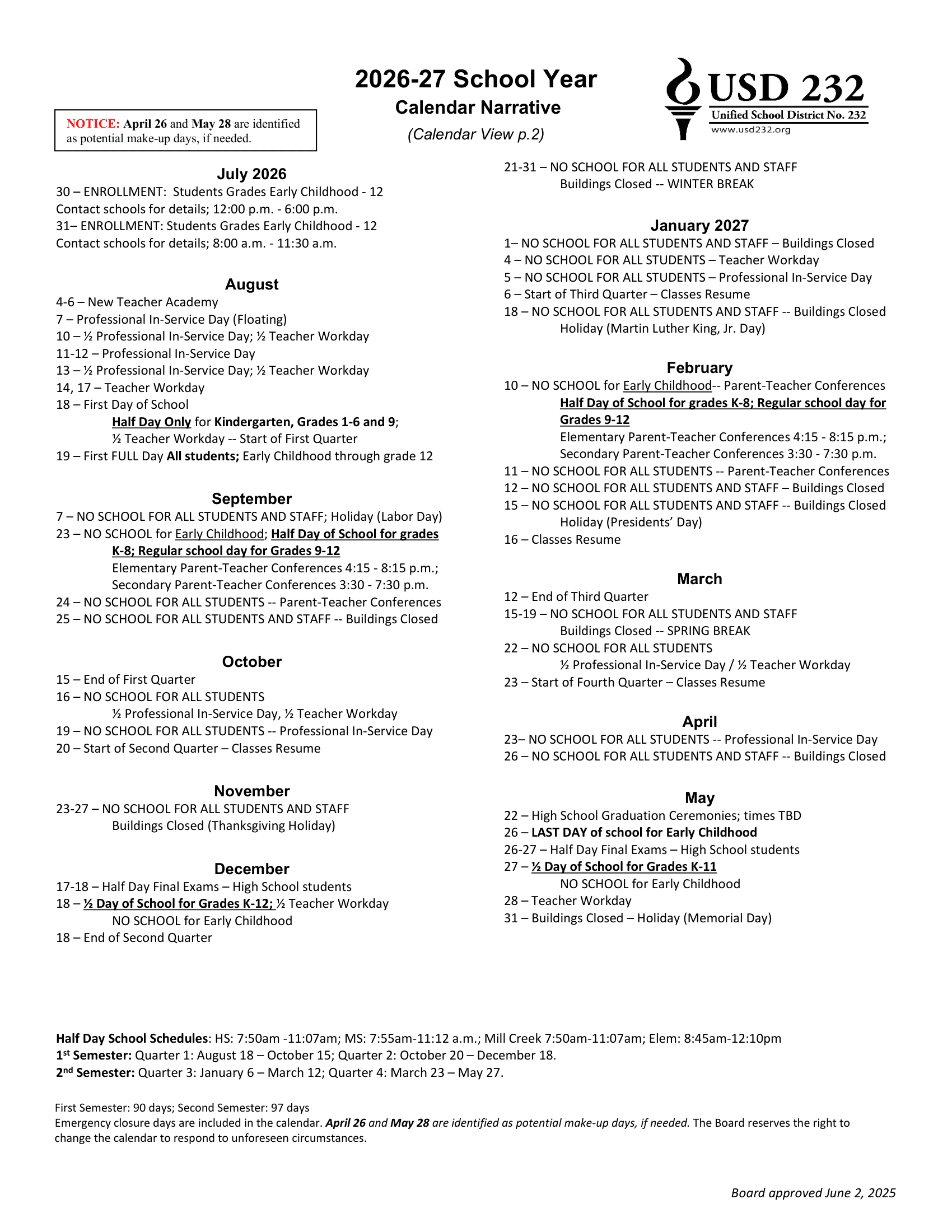 USD 232 Unified School District No. 232 Calendar 26-27 Revised