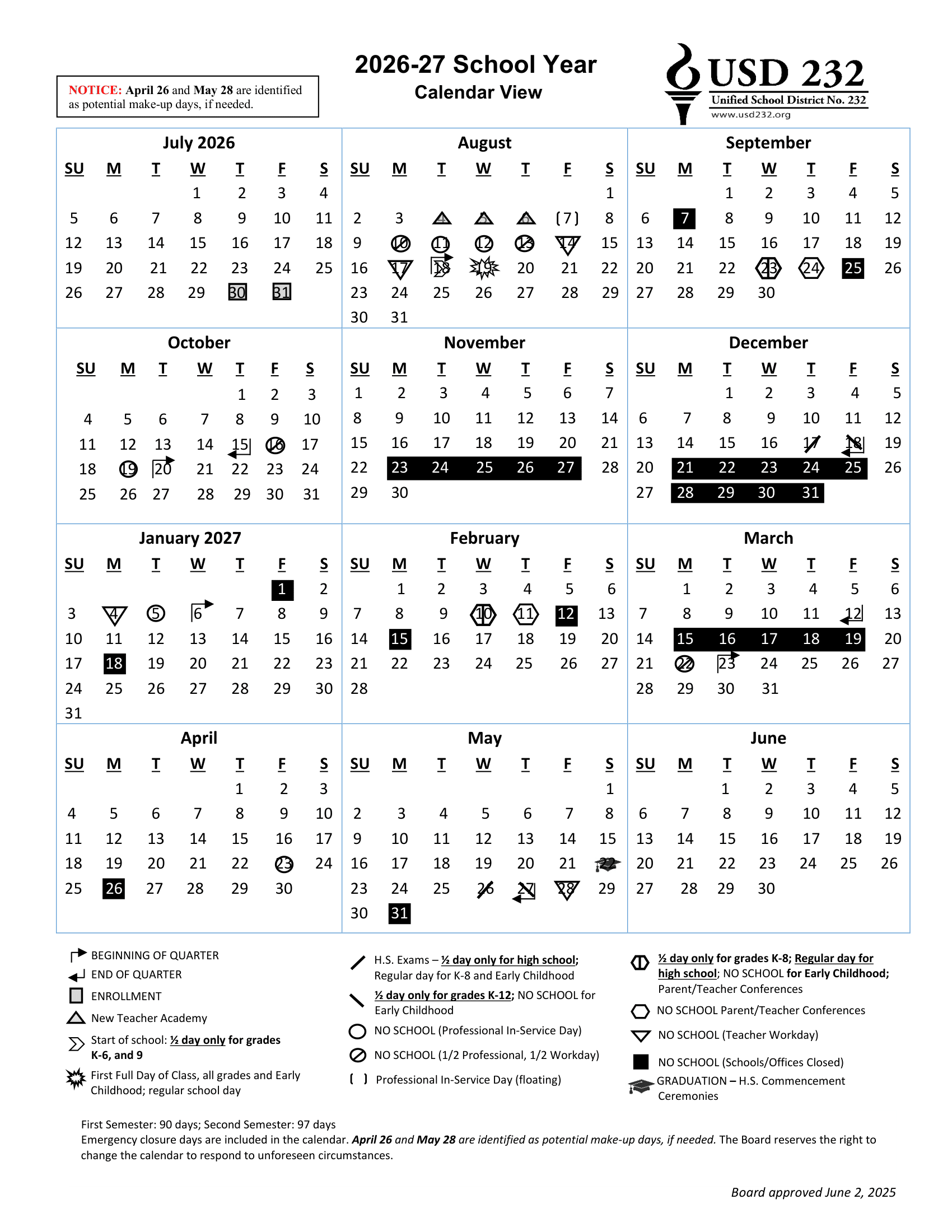 USD 232 Unified School District No. 232 Calendar 26-27 Revised