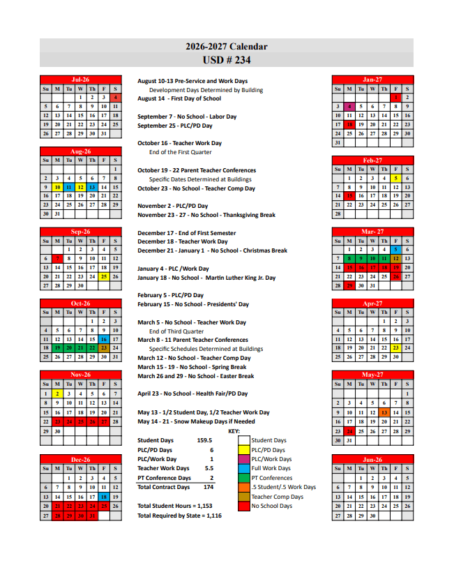USD # 234 Calendar 26-27 Revised