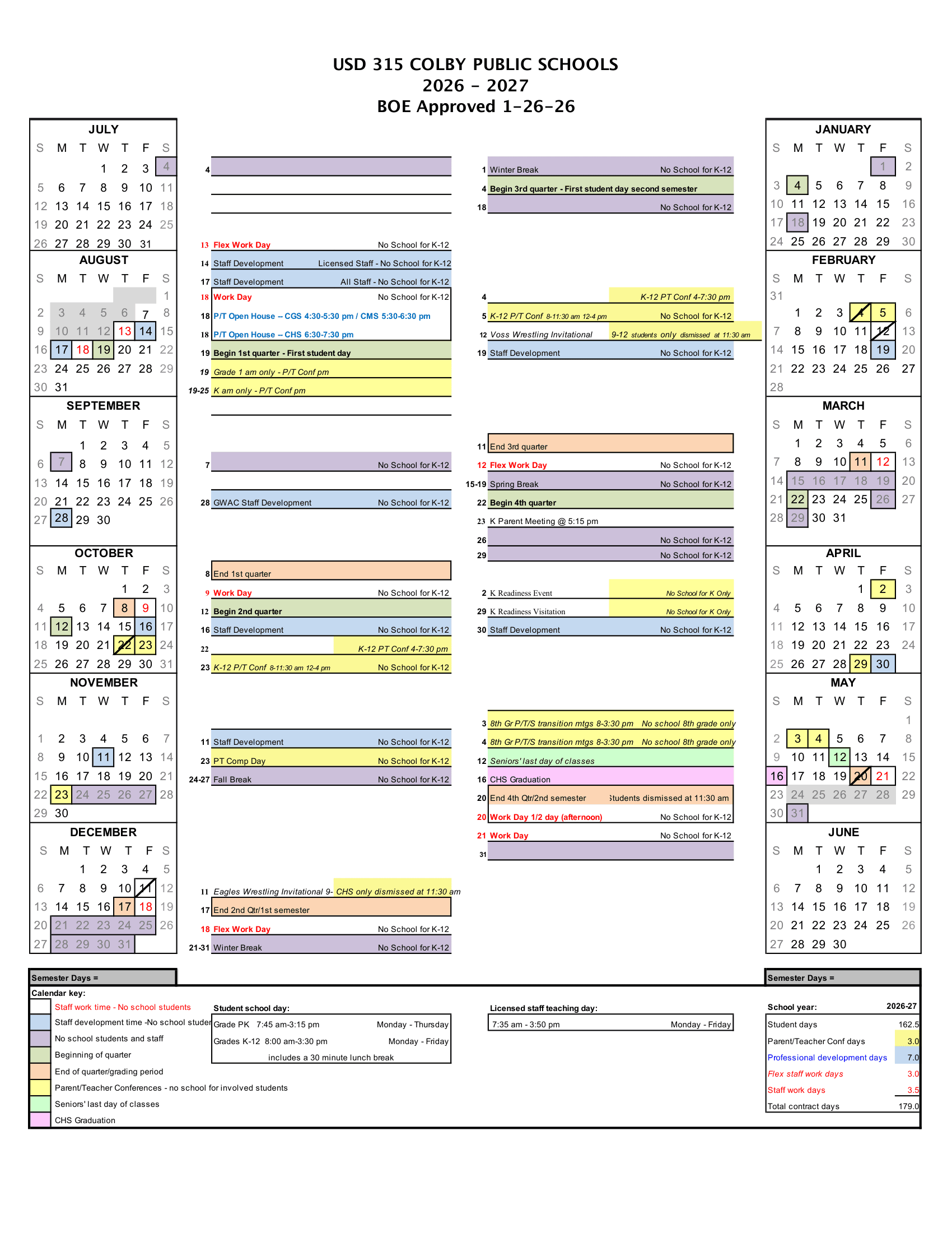 USD 315 COLBY PUBLIC SCHOOLS Calendar 26-27 Revised