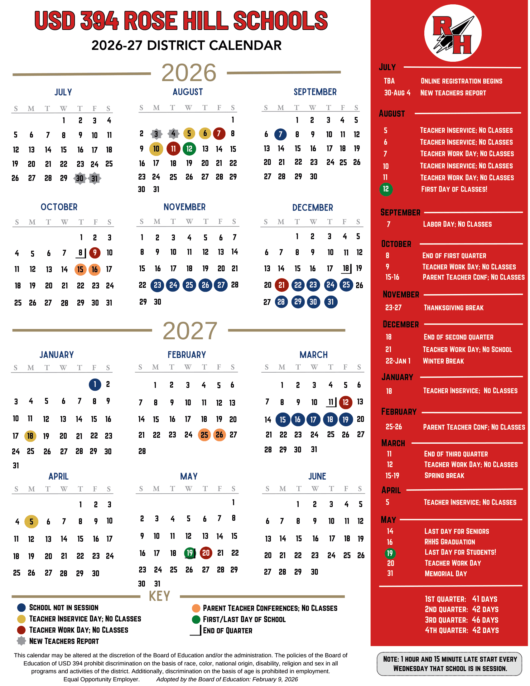 USD 394 Rose Hill Schools Calendar 26-27 Revised