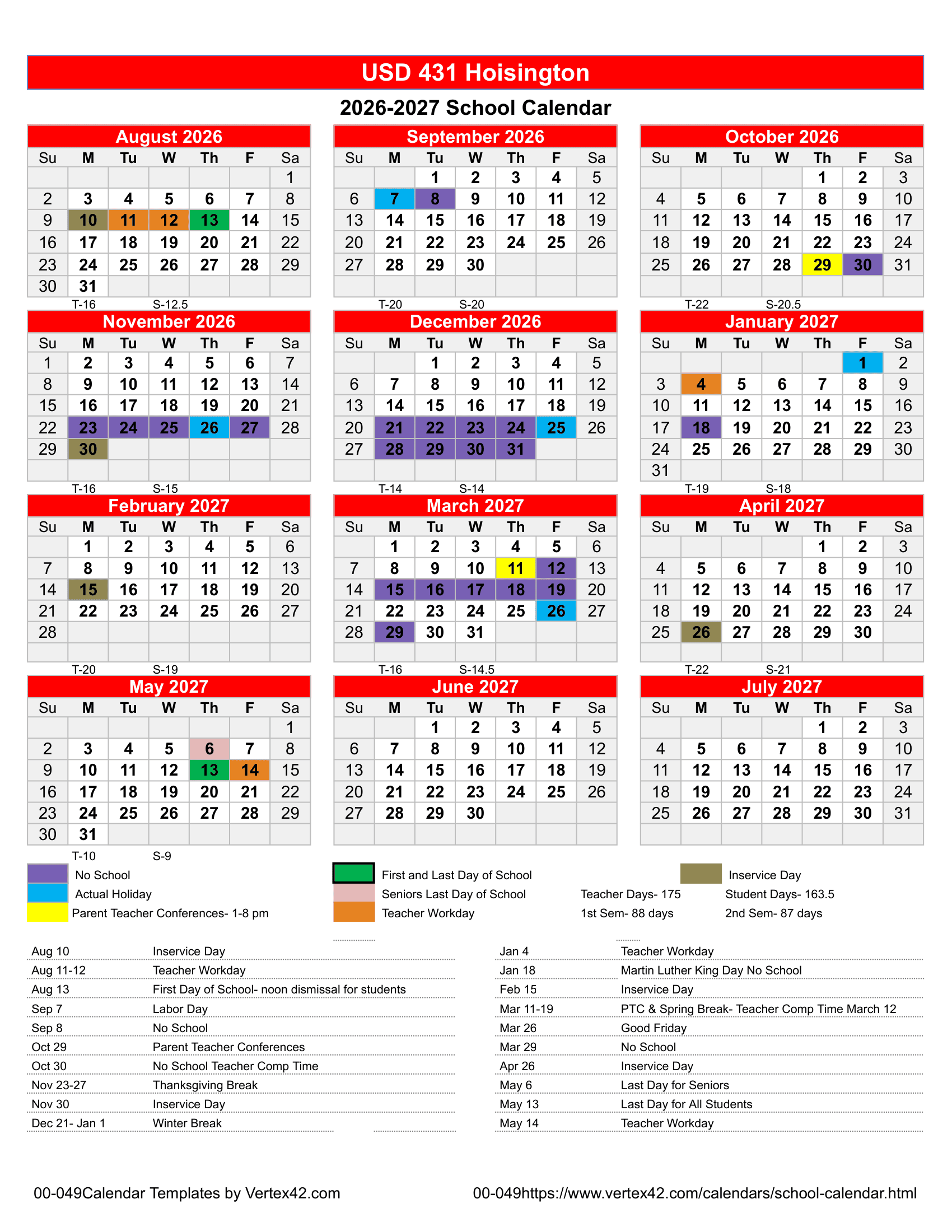 USD 431 Hoisington Calendar 26-27 Revised