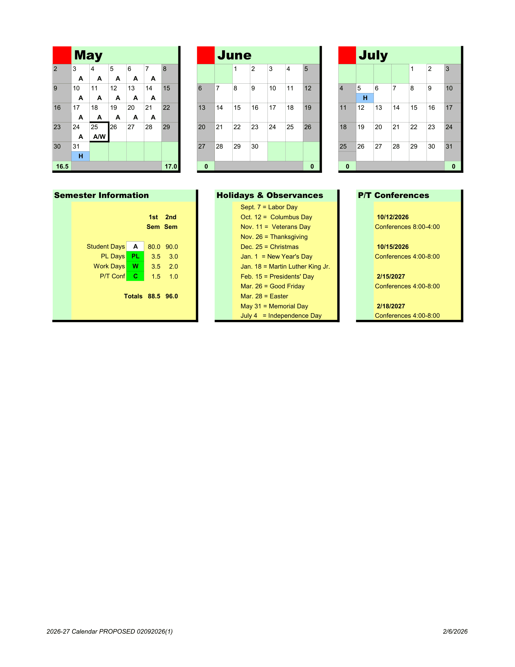 USD 460 Calendar 26-27 Revised