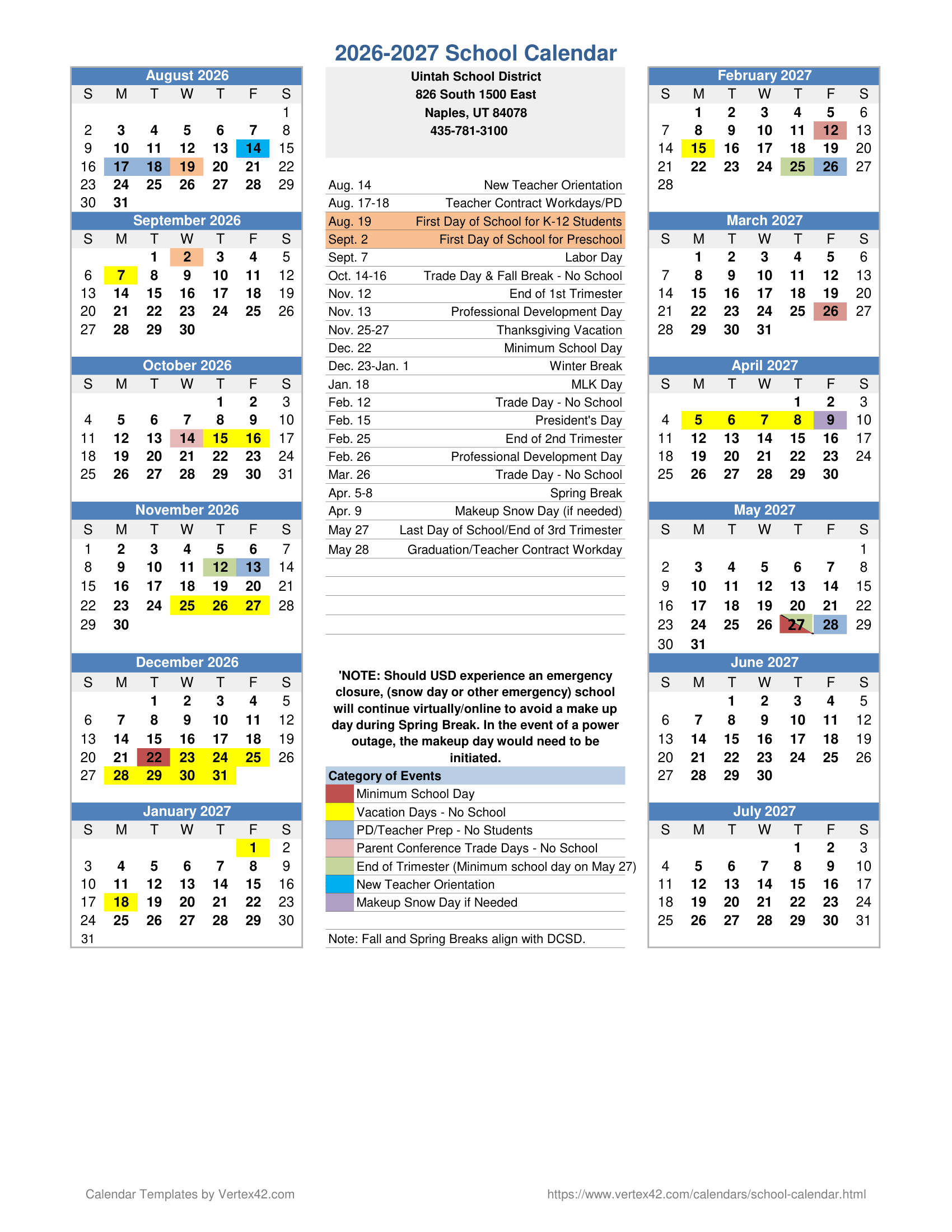Uintah School District Calendar 26-27 PDF