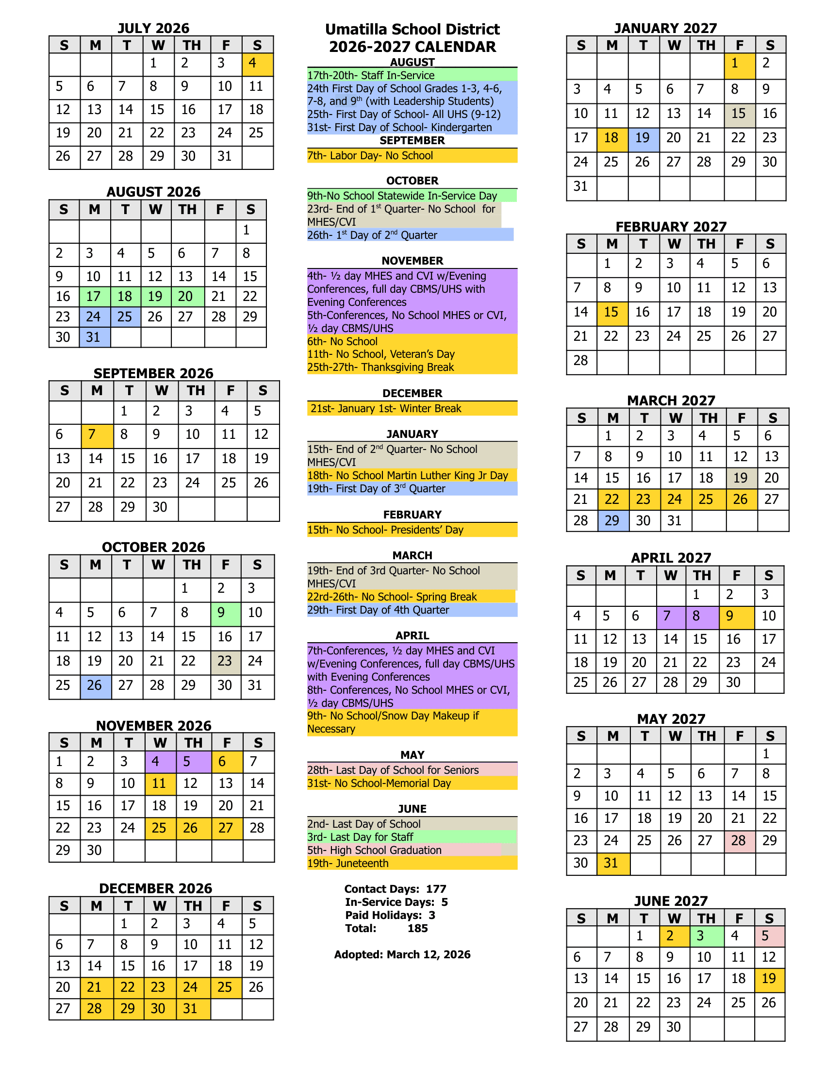 Umatilla School District Calendar 26-27 PDF