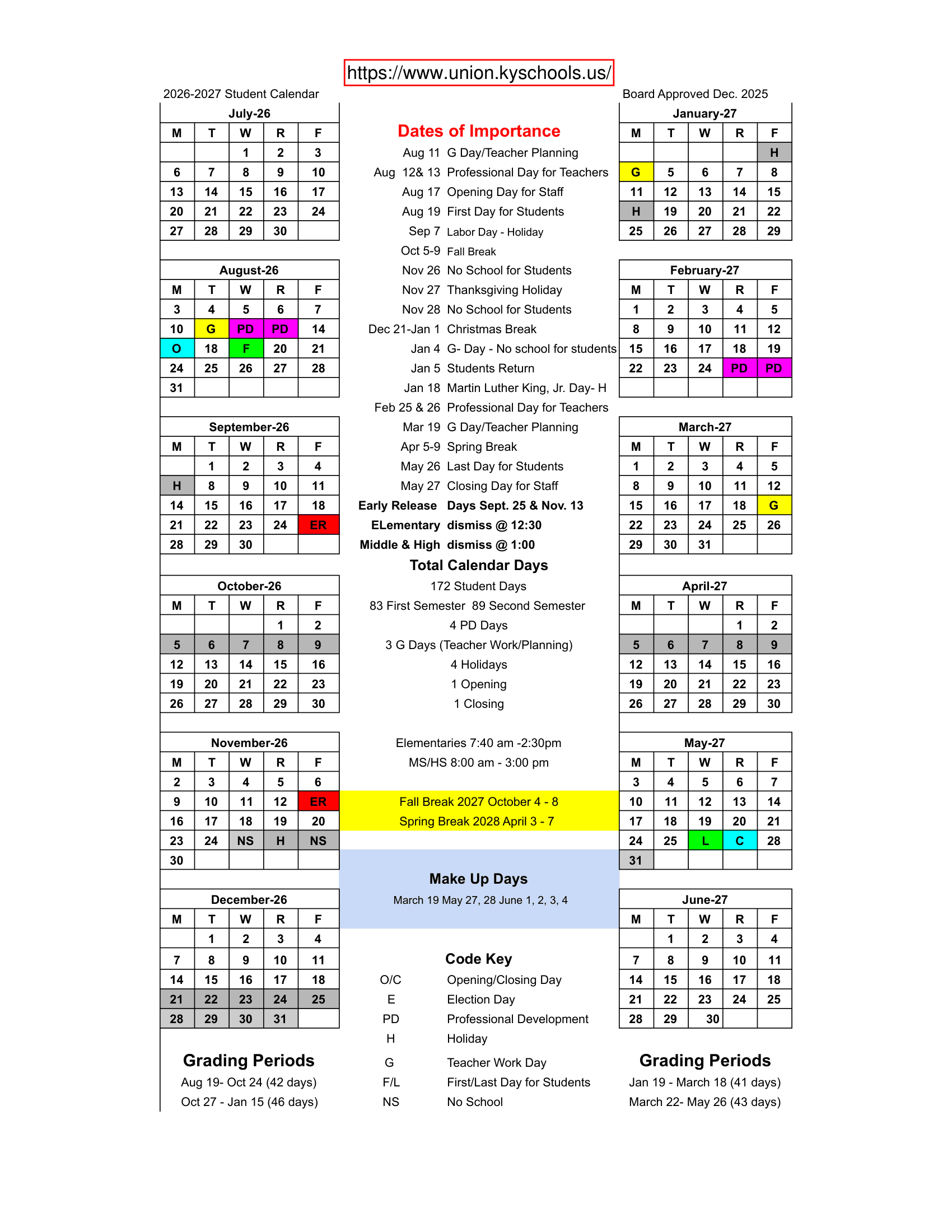 Union County Schools Calendar 26-27 Revised
