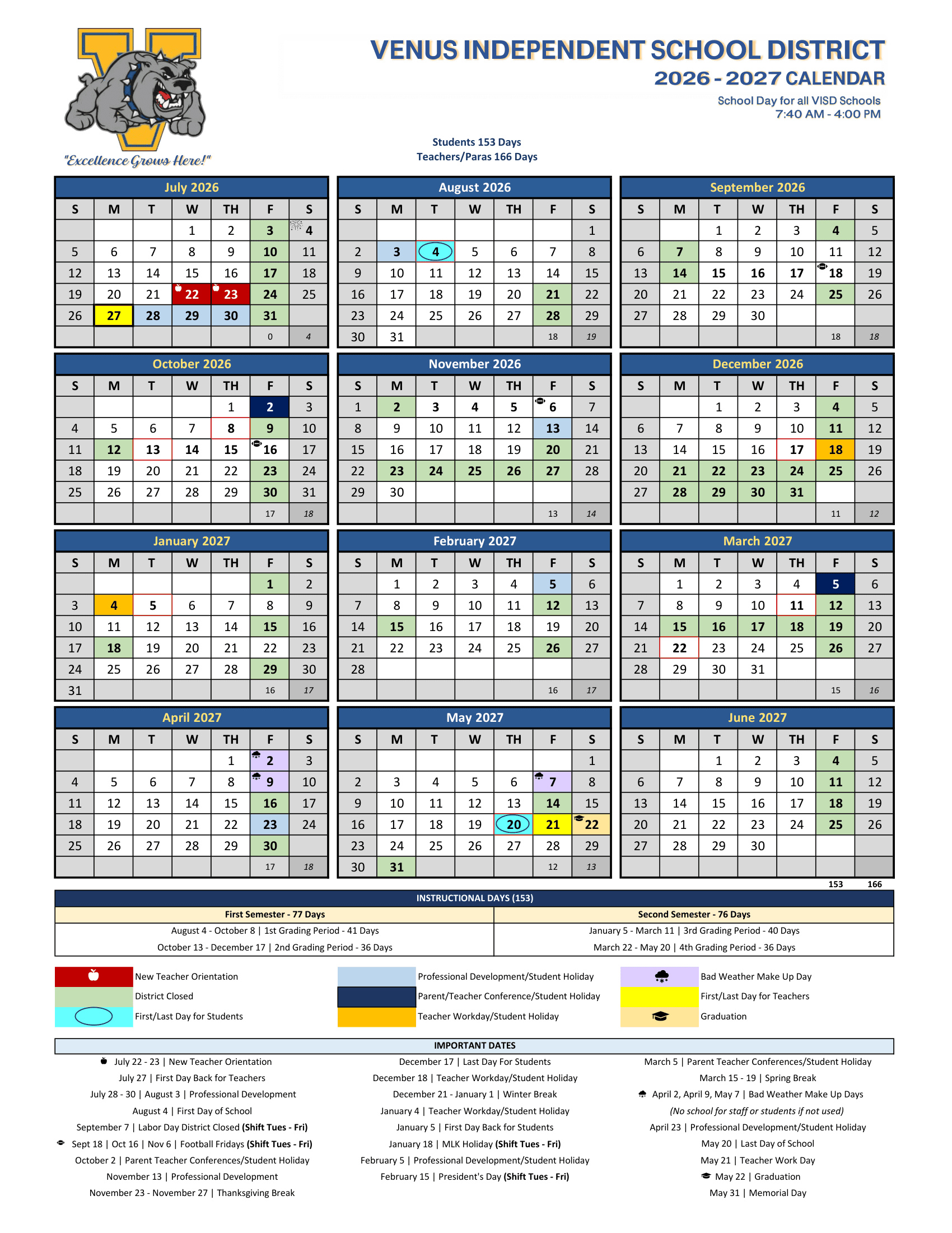 Venus Independent School District Calendar 26-27 pdf