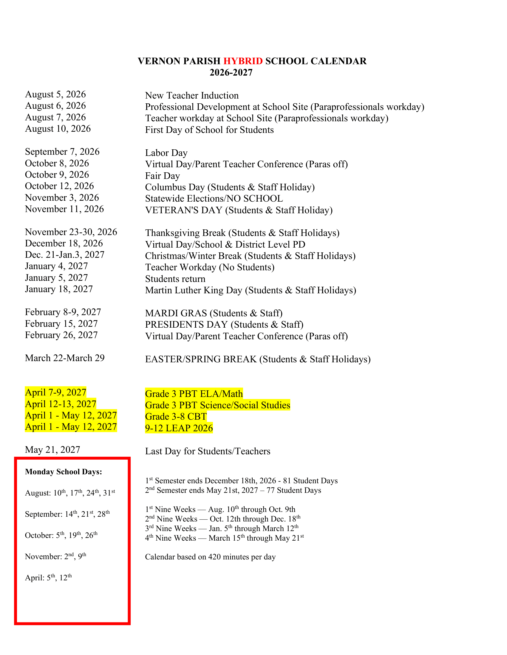 Vernon Parish School Board Calendar 26-27 pdf