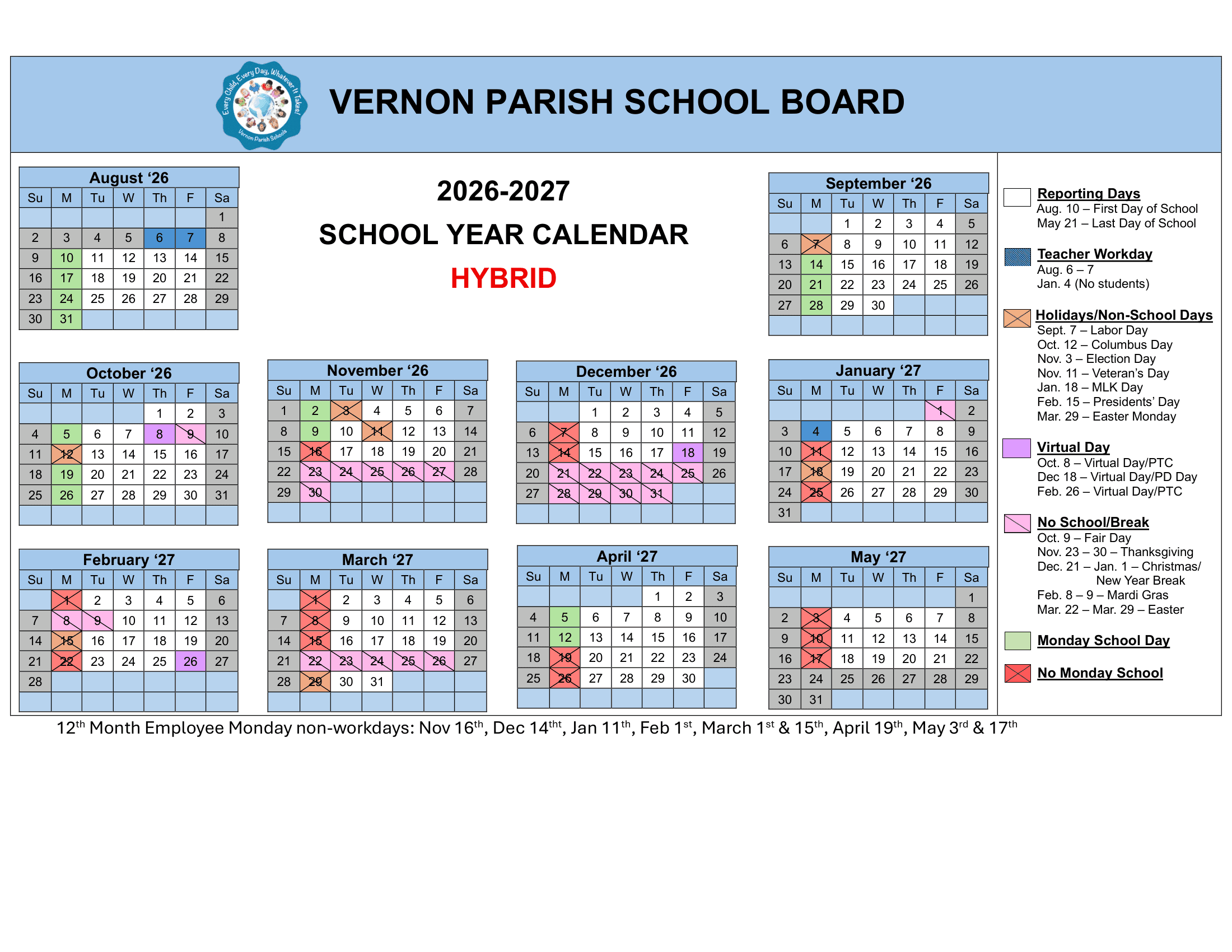 Vernon Parish School Board Calendar 26-27 pdf