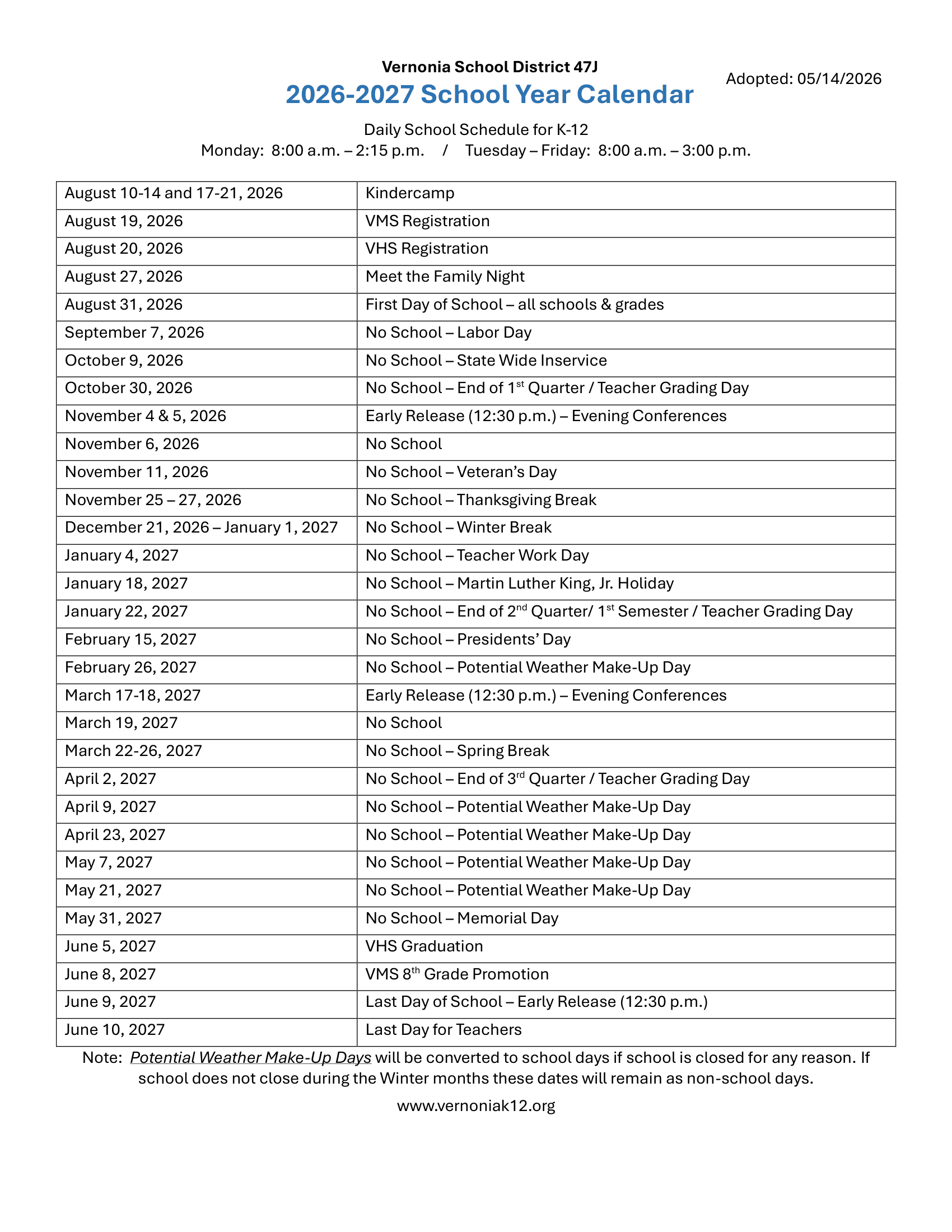 Vernonia School District 47J Calendar 26-27 PDF