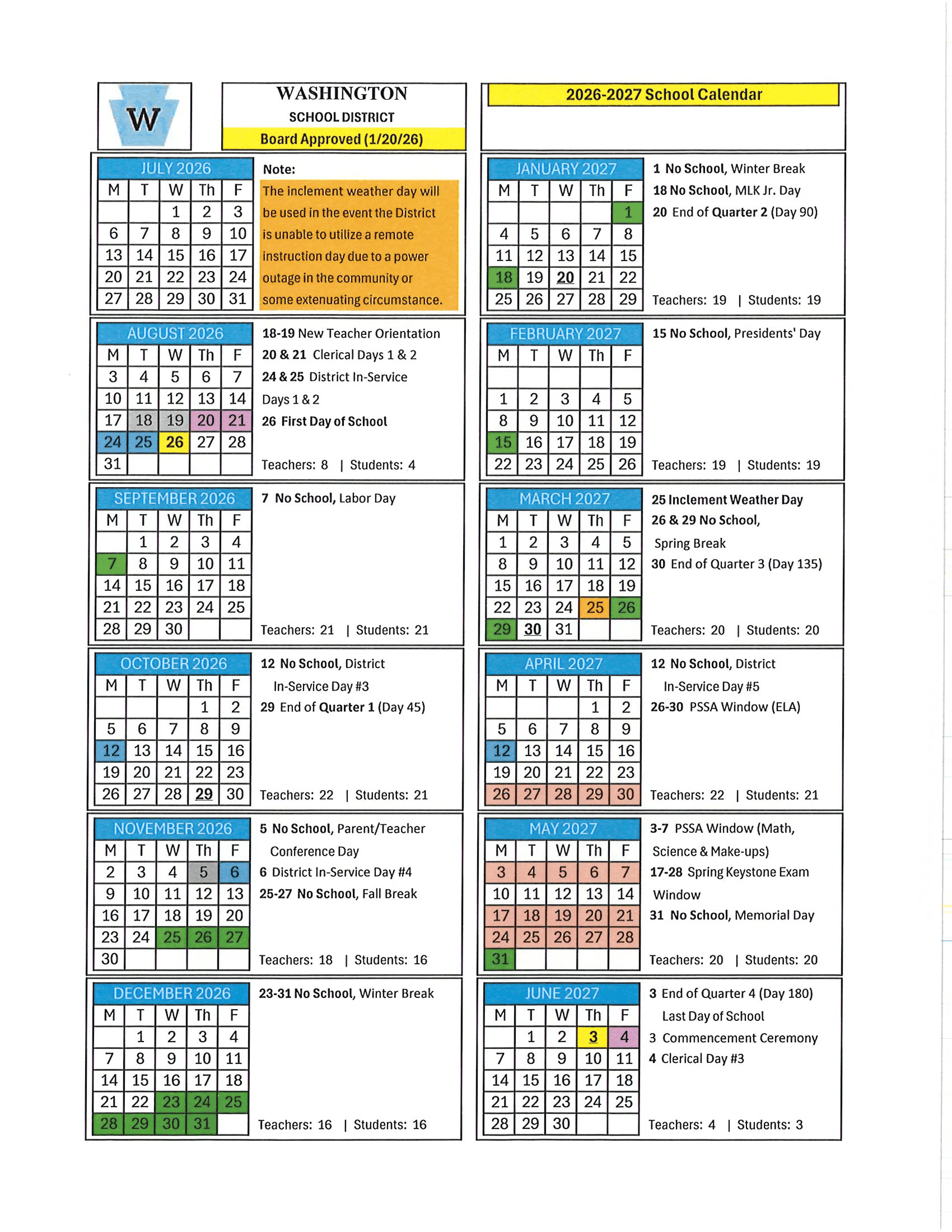 WASHINGTON SCHOOL DISTRICT Calendar 26-27 pdf