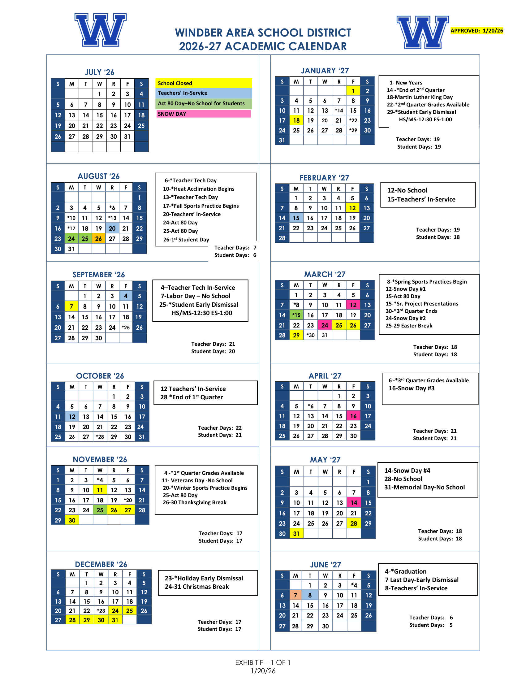 WINDBER AREA SCHOOL DISTRICT Calendar 26-27 pdf