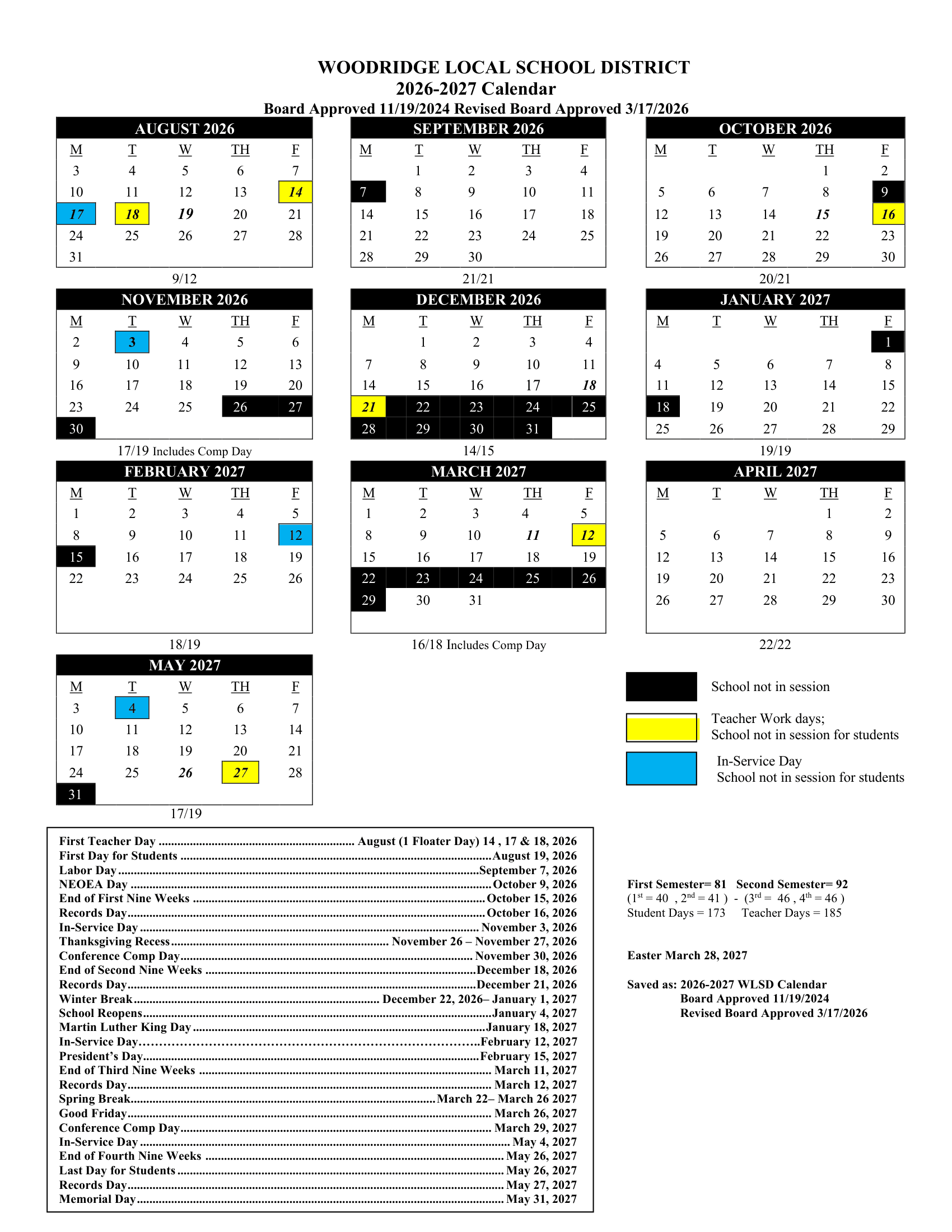 WOODRIDGE LOCAL SCHOOL DISTRICT Calendar 26-27 pdf