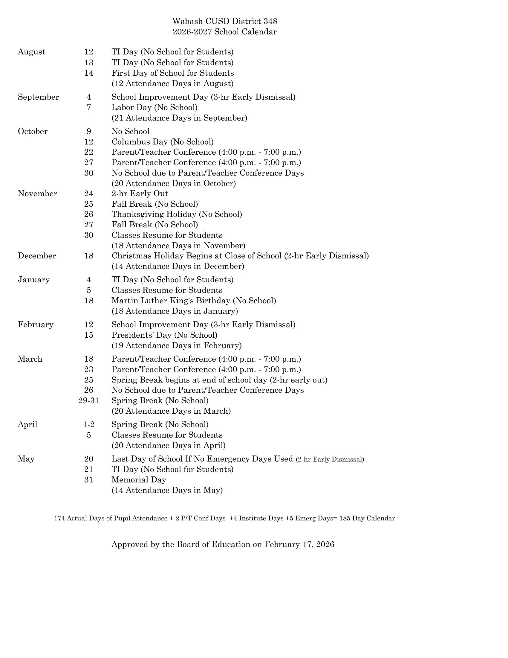 Wabash CUSD District 348 Calendar 26-27 Revised
