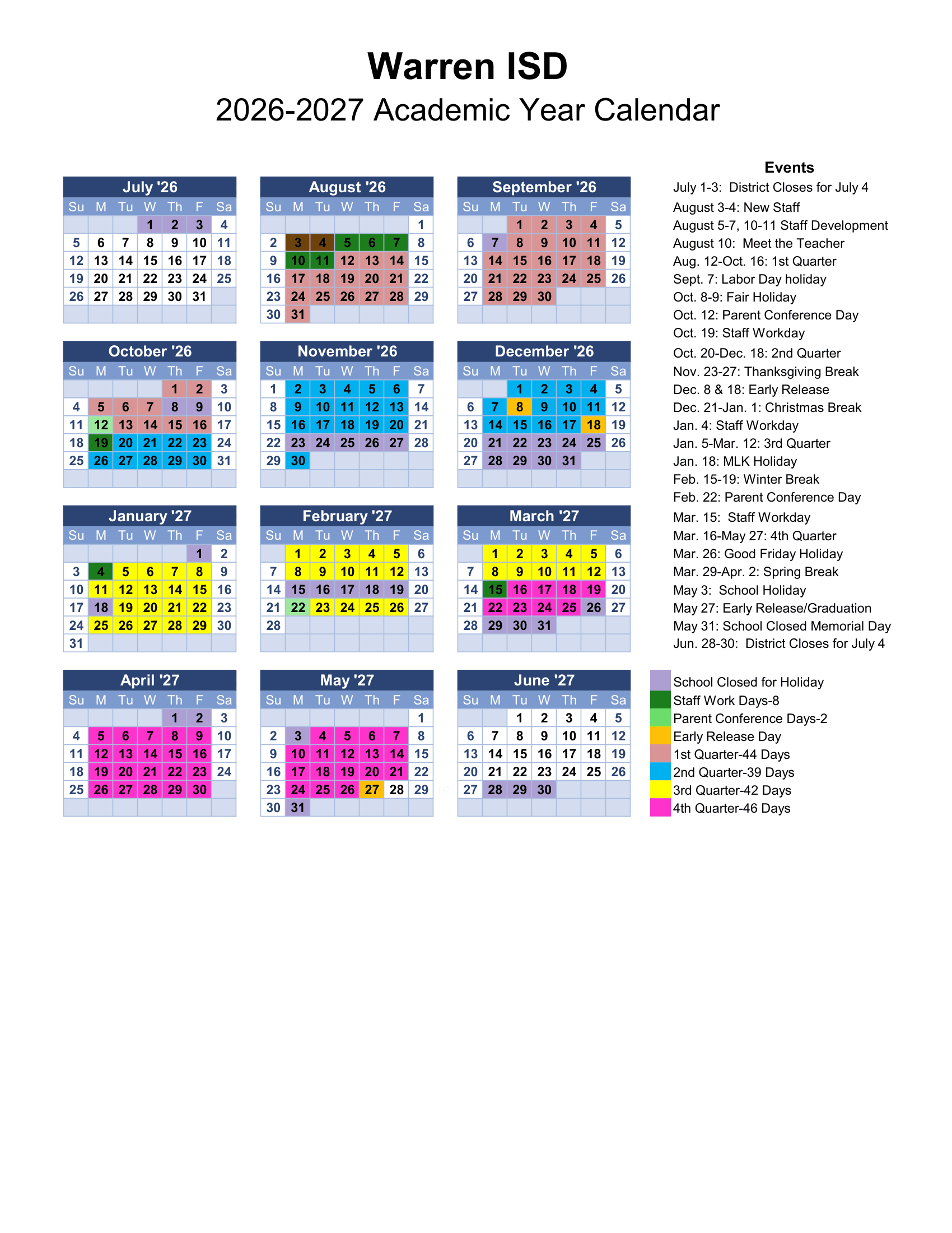 Warren ISD Calendar 26-27 pdf