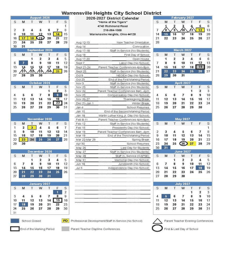 Warrensville Heights City School District Calendar 26-27 pdf