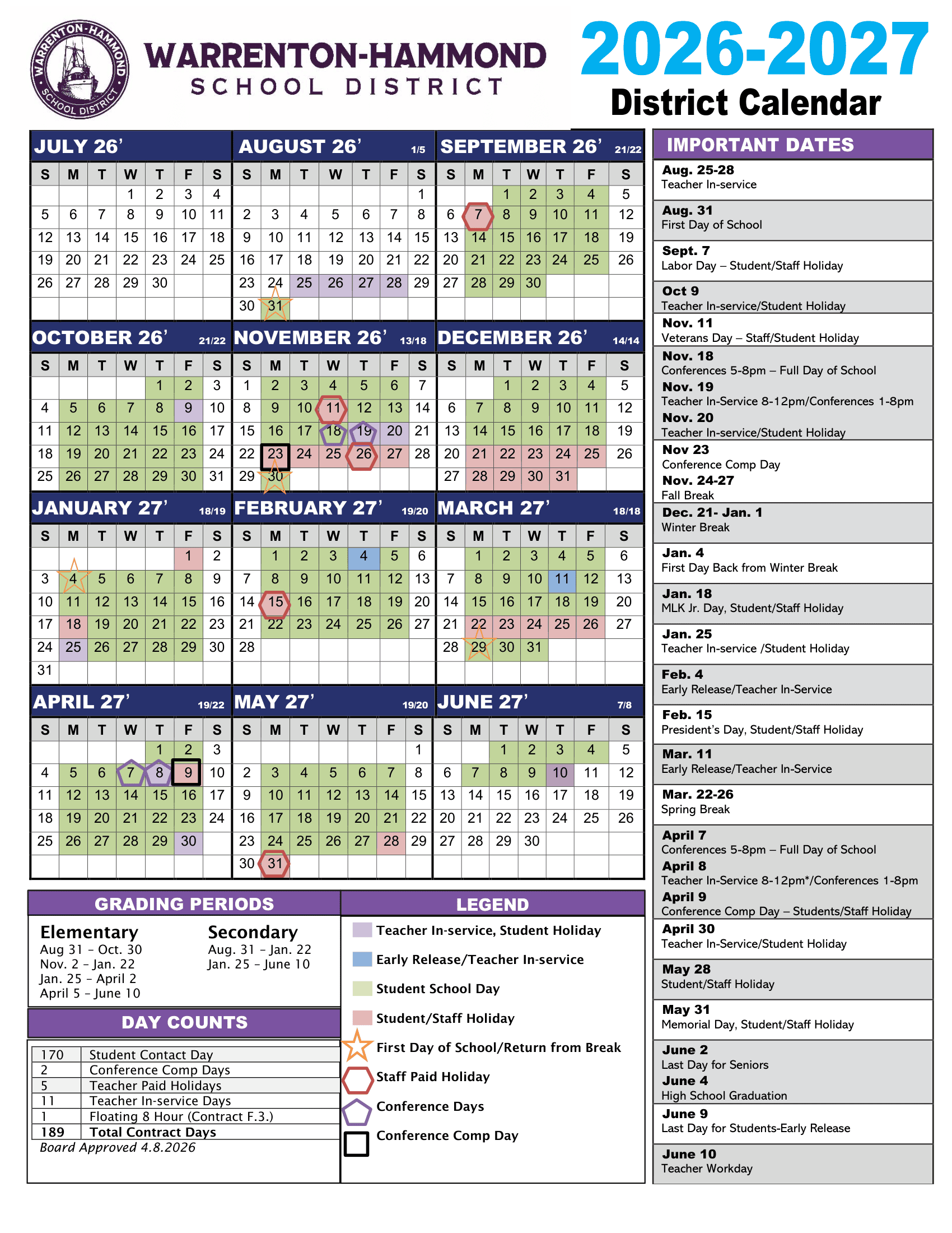 Warrenton-Hammond School District Calendar 26-27 PDF