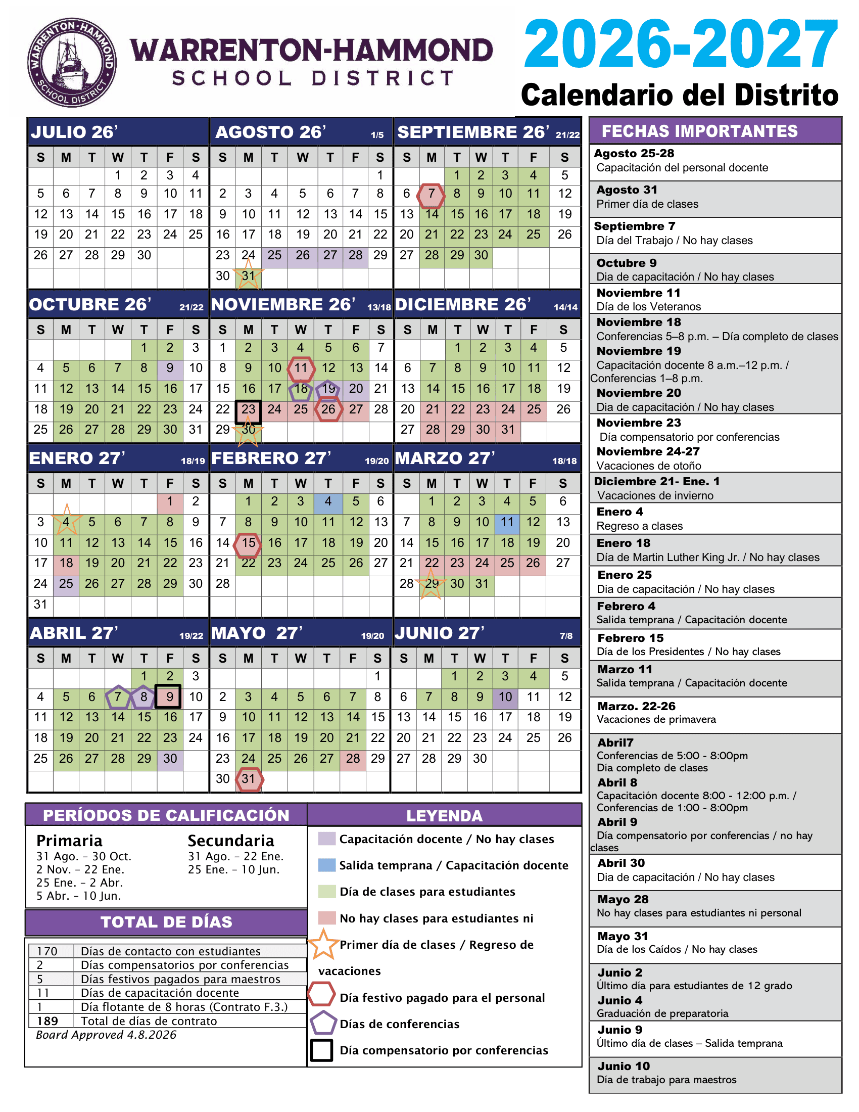 Warrenton-Hammond School District Calendar 26-27 PDF