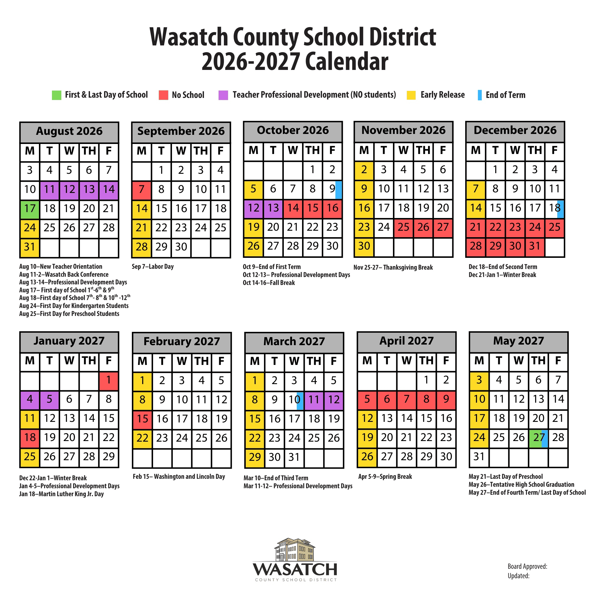 Wasatch County School District Calendar 26-27 PDF