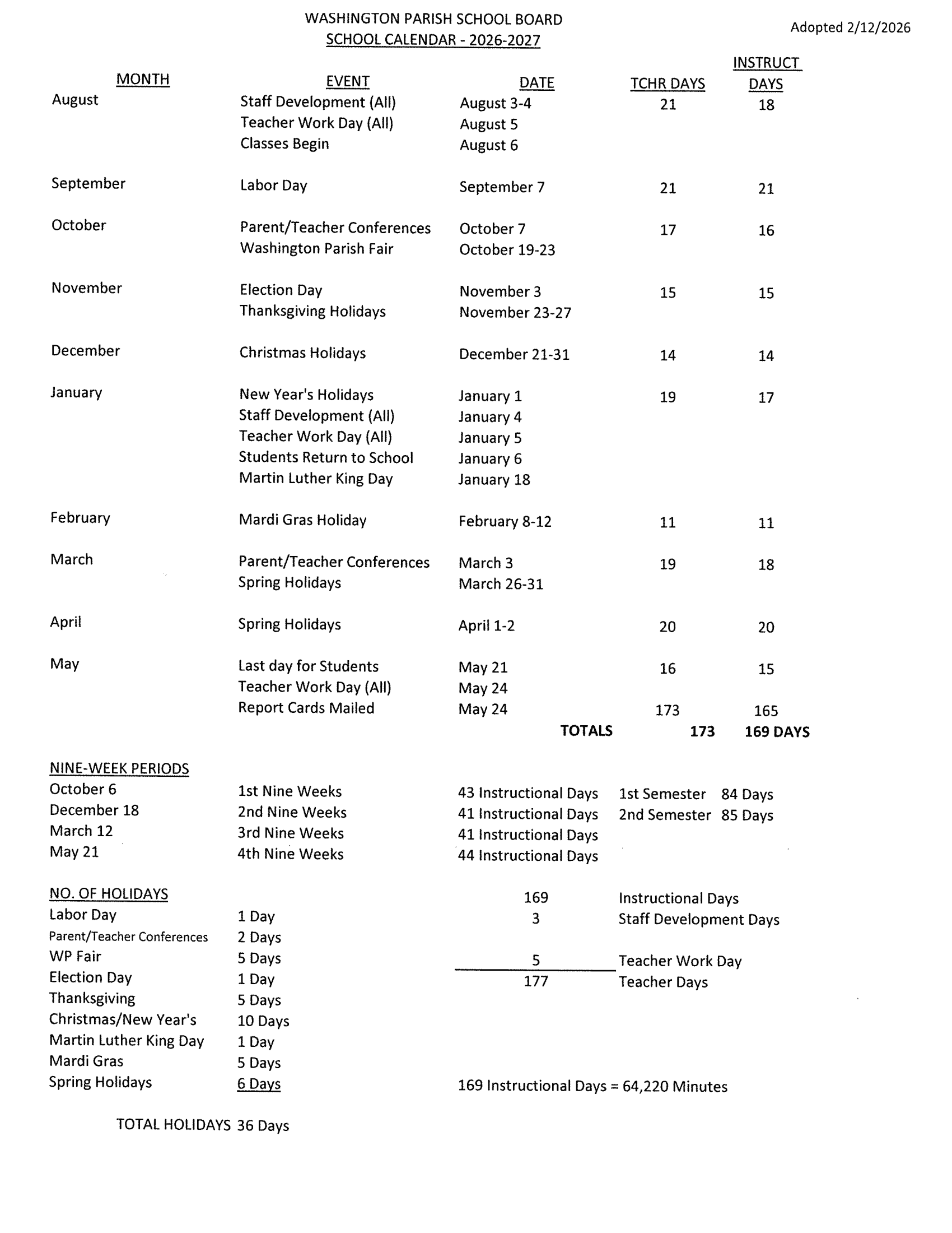 Washington Parish School Board Calendar 26-27 pdf