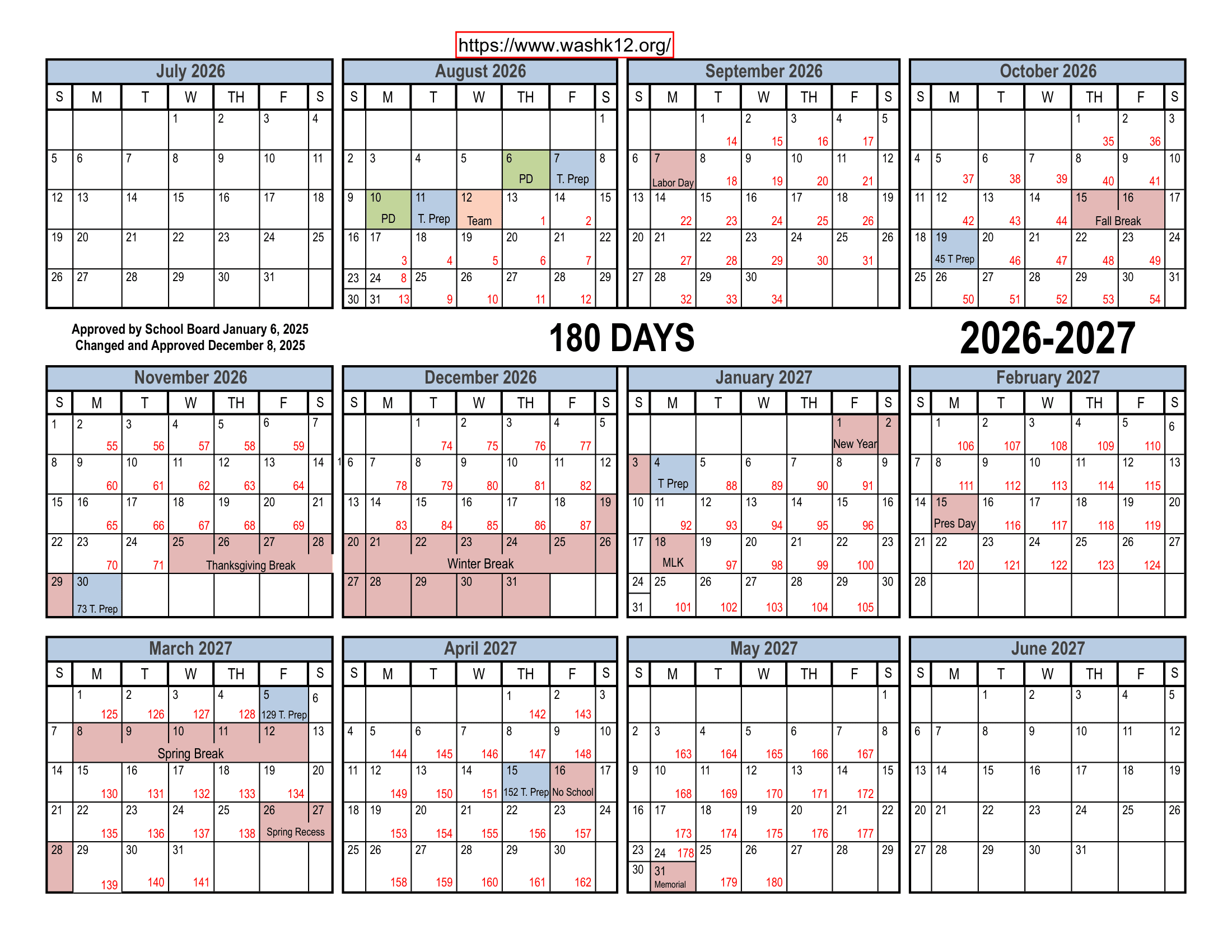 Washington School District Calendar 26-27 PDF