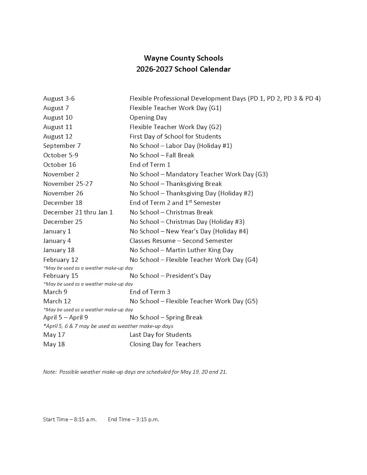 Wayne County Schools Calendar 26-27 Revised