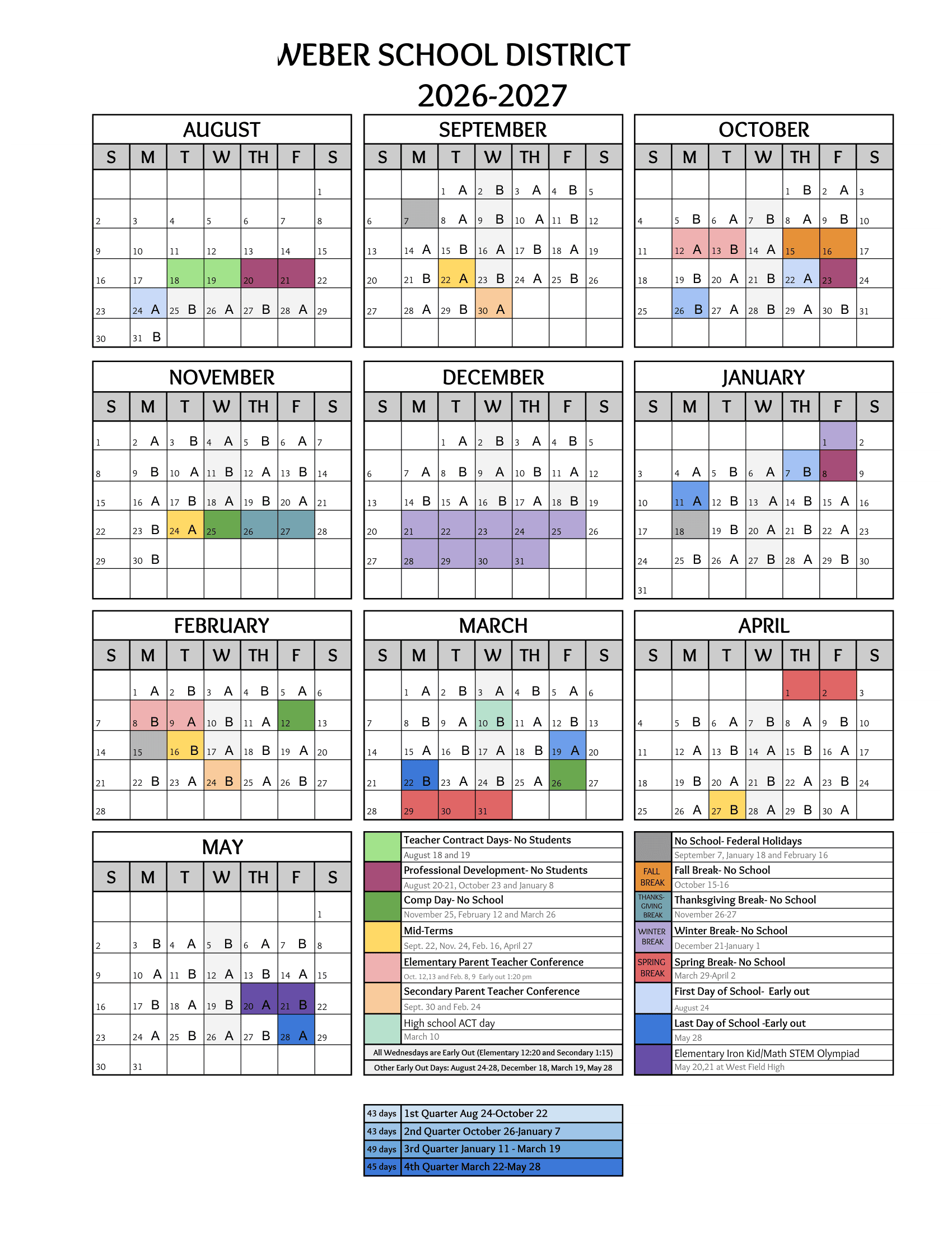 Weber School District Calendar 26-27 PDF