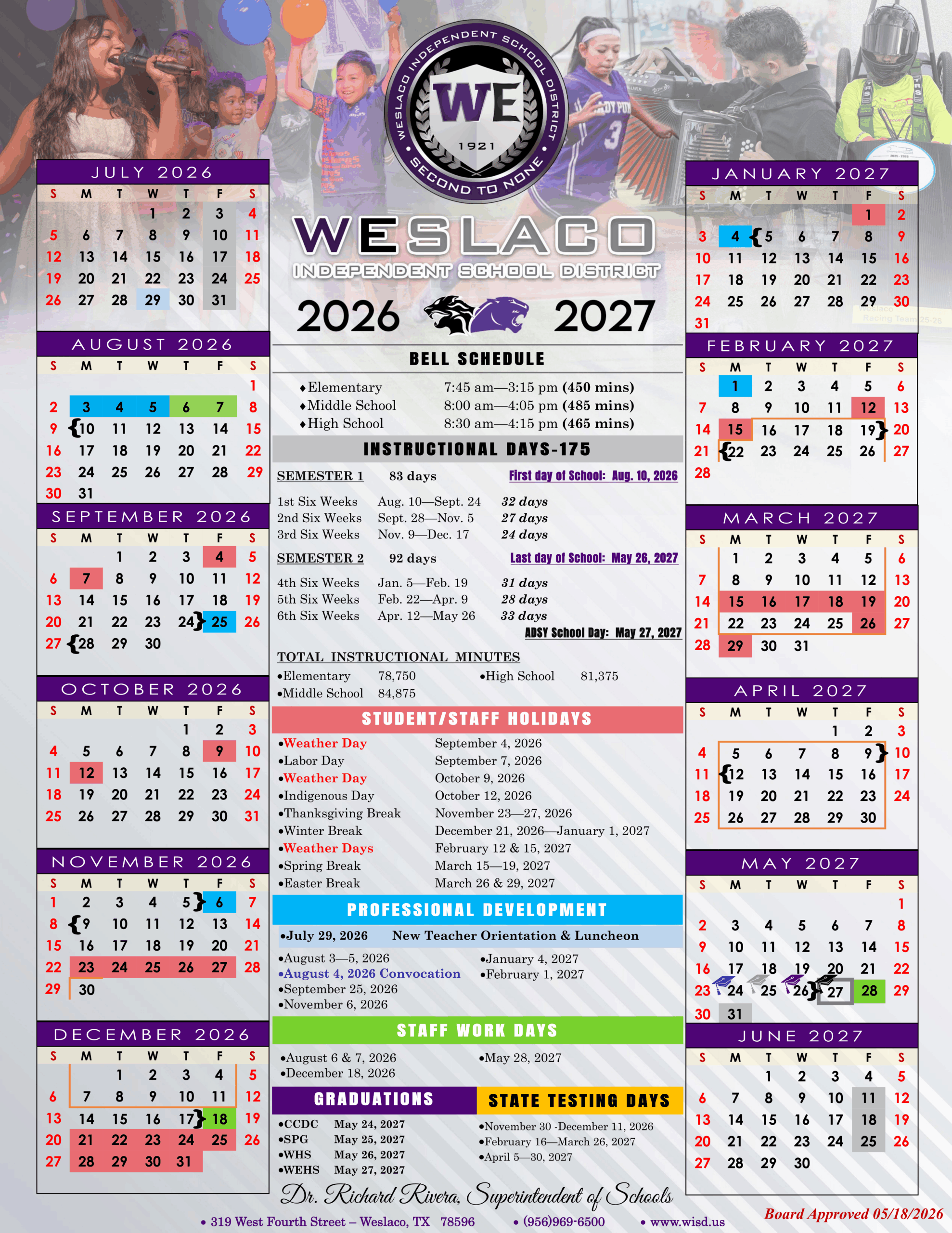 Weslaco Independent School District Calendar 26-27 pdf