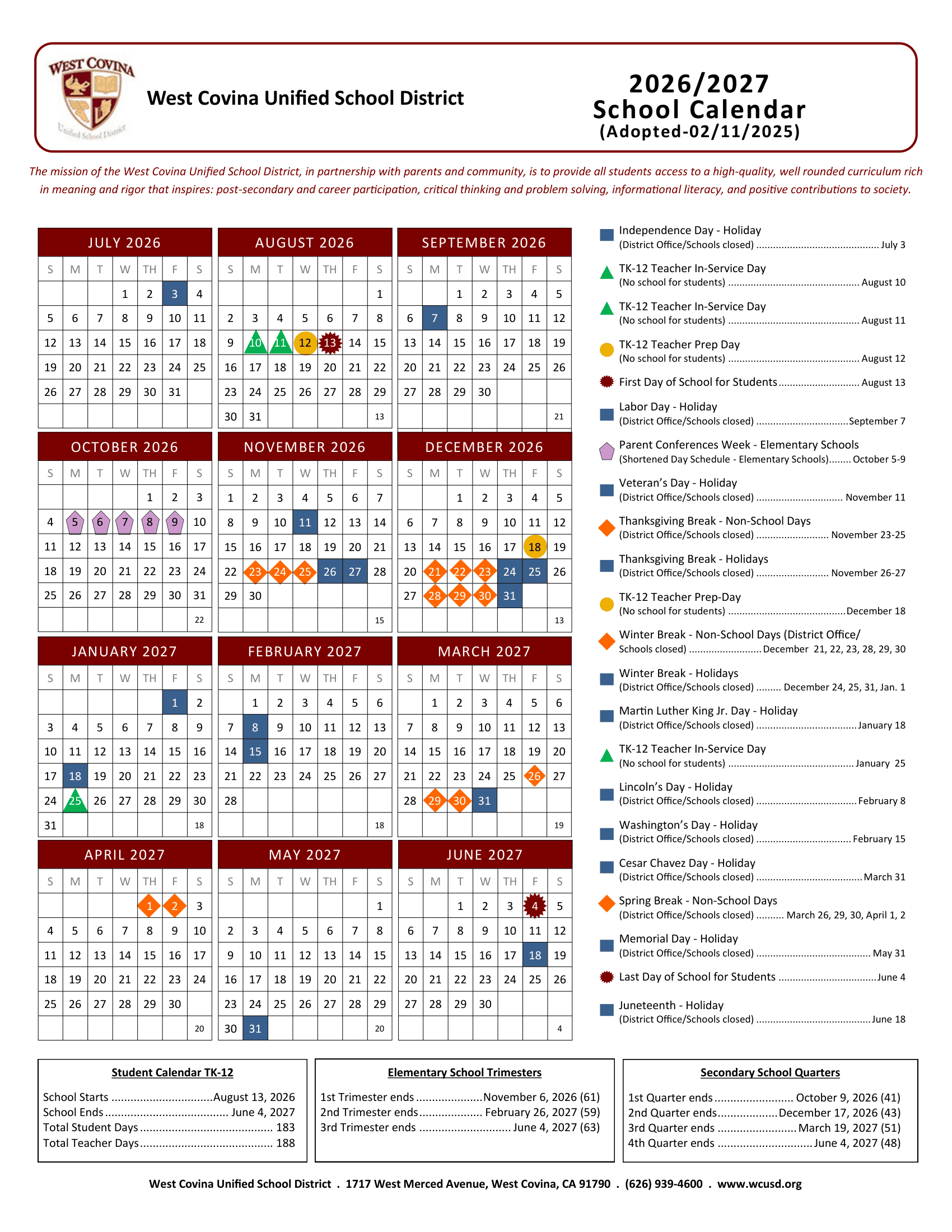 West Covina Unified School District Calendar 26-27 Revised