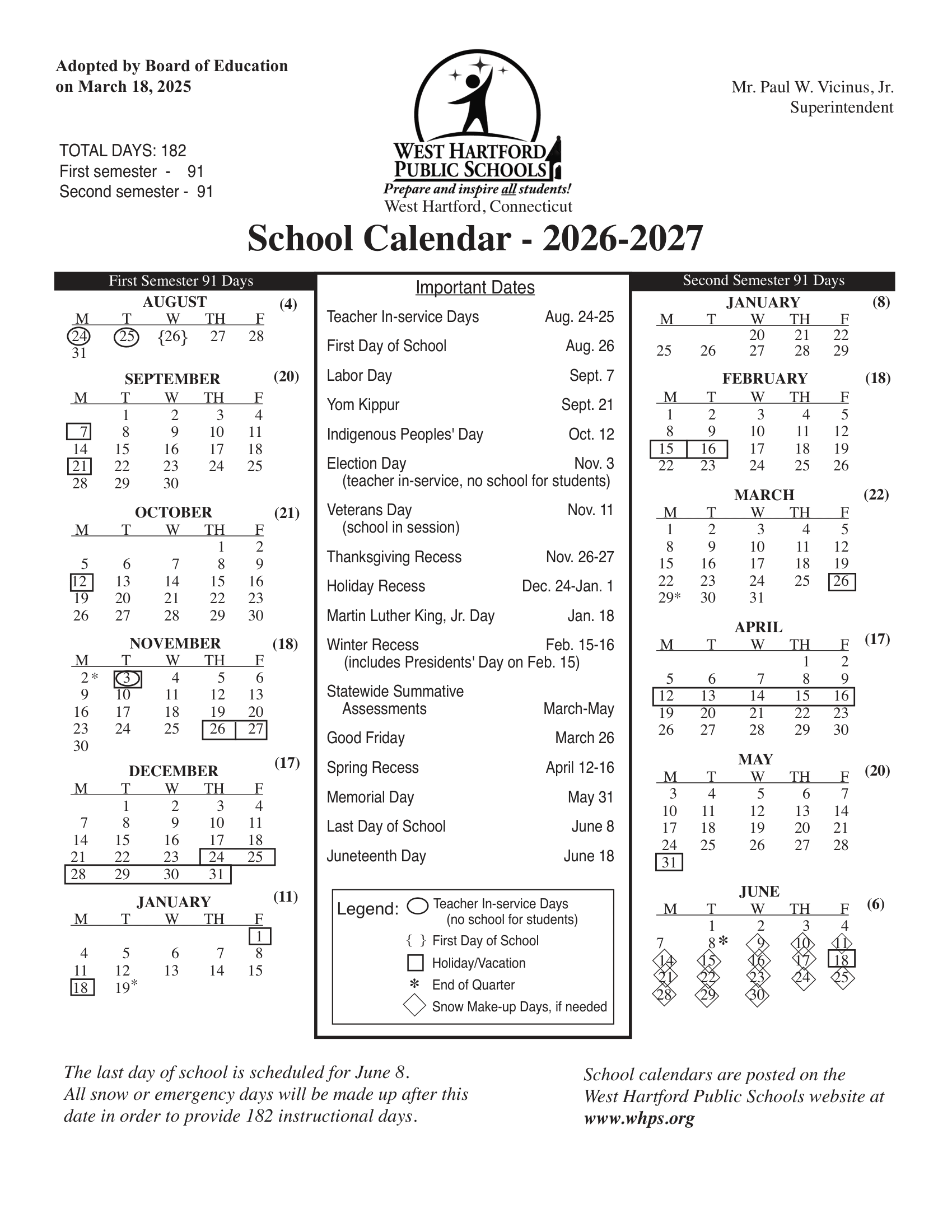 West Hartford Public Schools Calendar 26-27 pdf