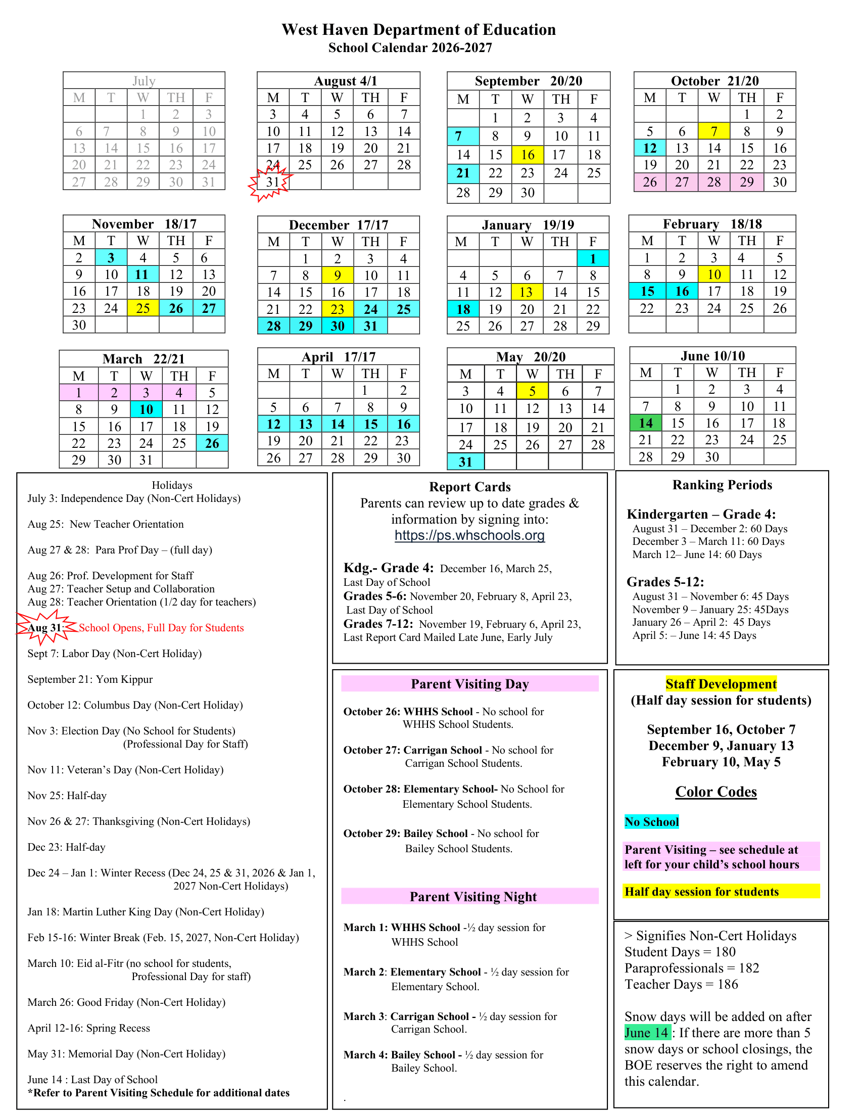 West Haven Department of Education Calendar 26-27 pdf