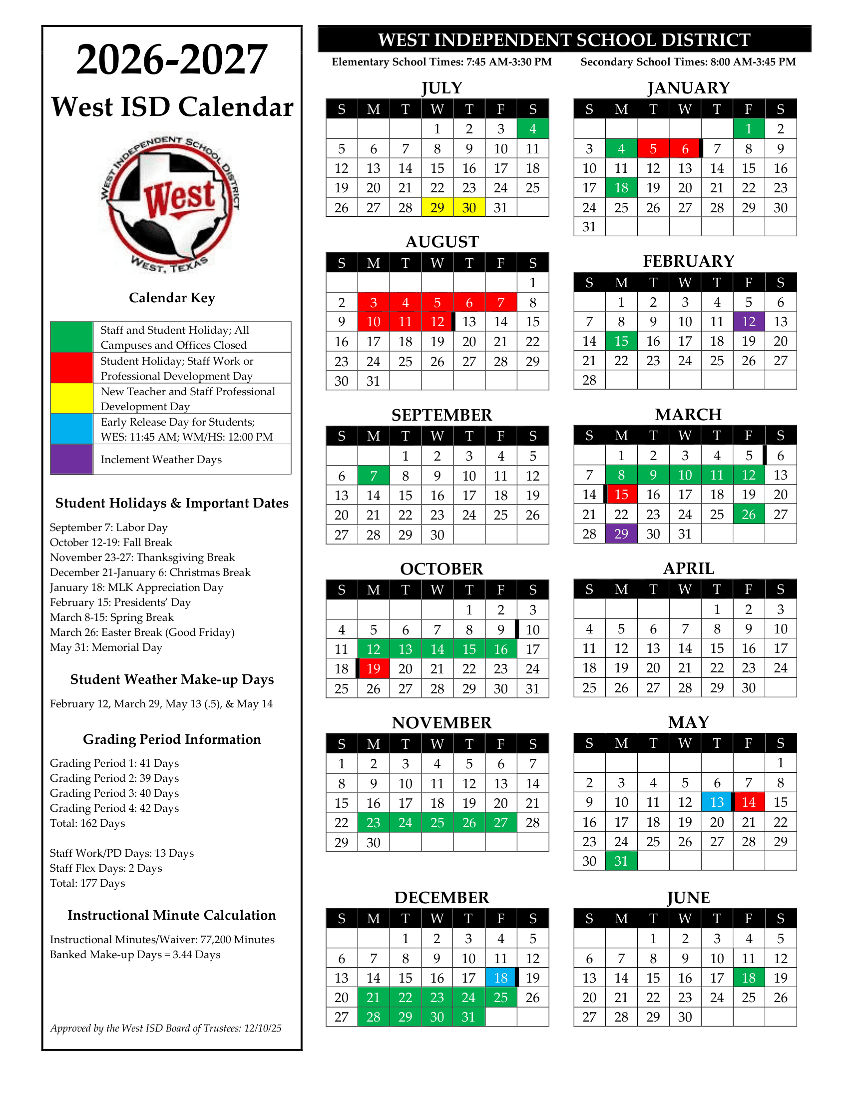 West Independent School District Calendar 26-27 pdf
