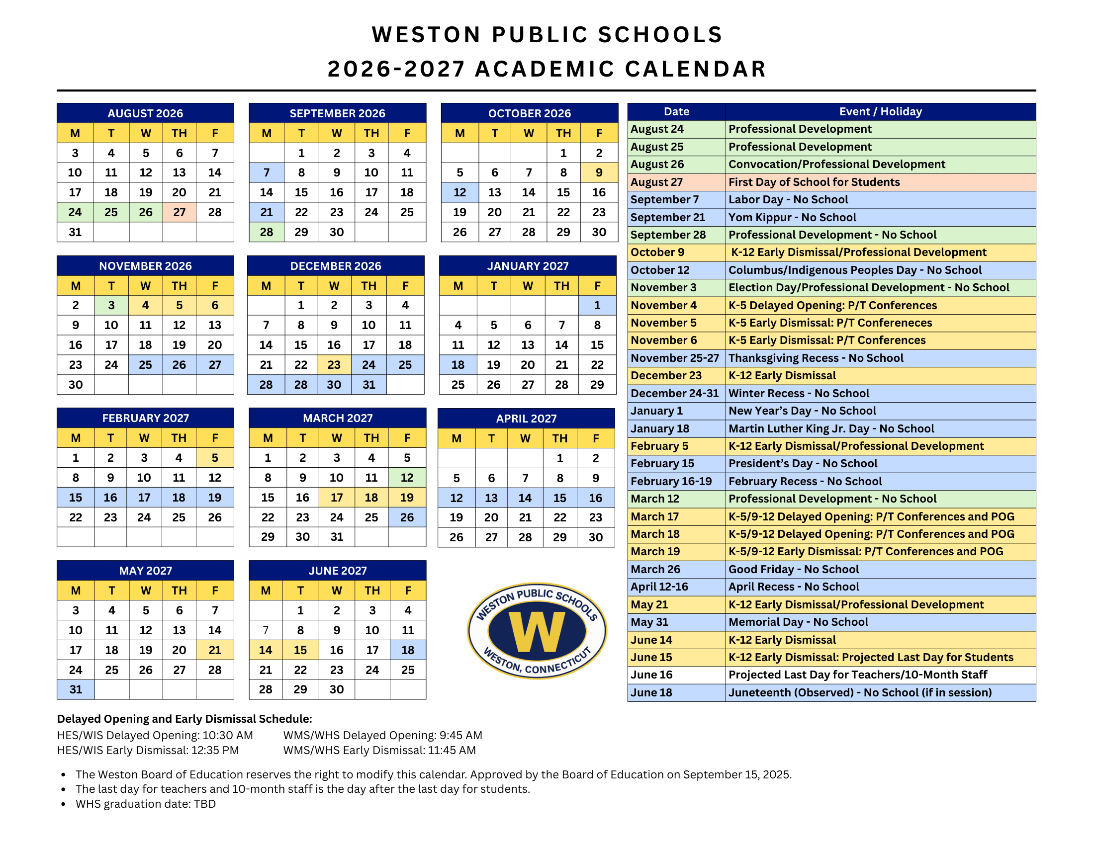 Weston Public Schools Calendar 26-27 pdf