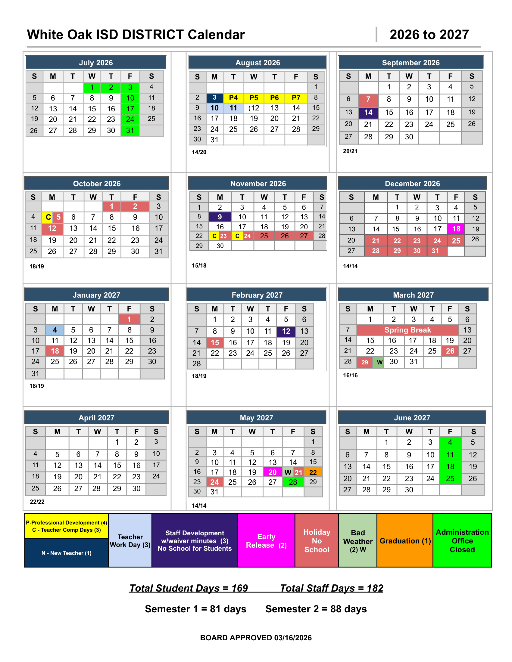 White Oak ISD DISTRICT Calendar 26-27 pdf