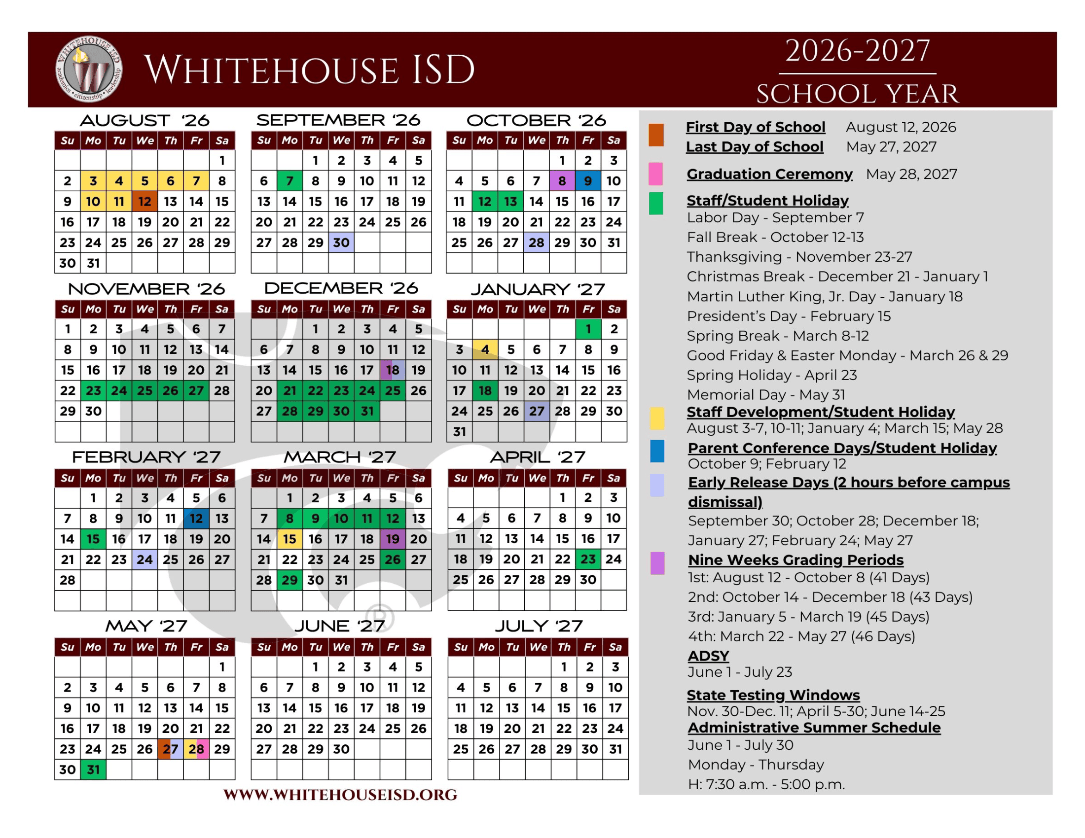 Whitehouse ISD Calendar 26-27 Revised