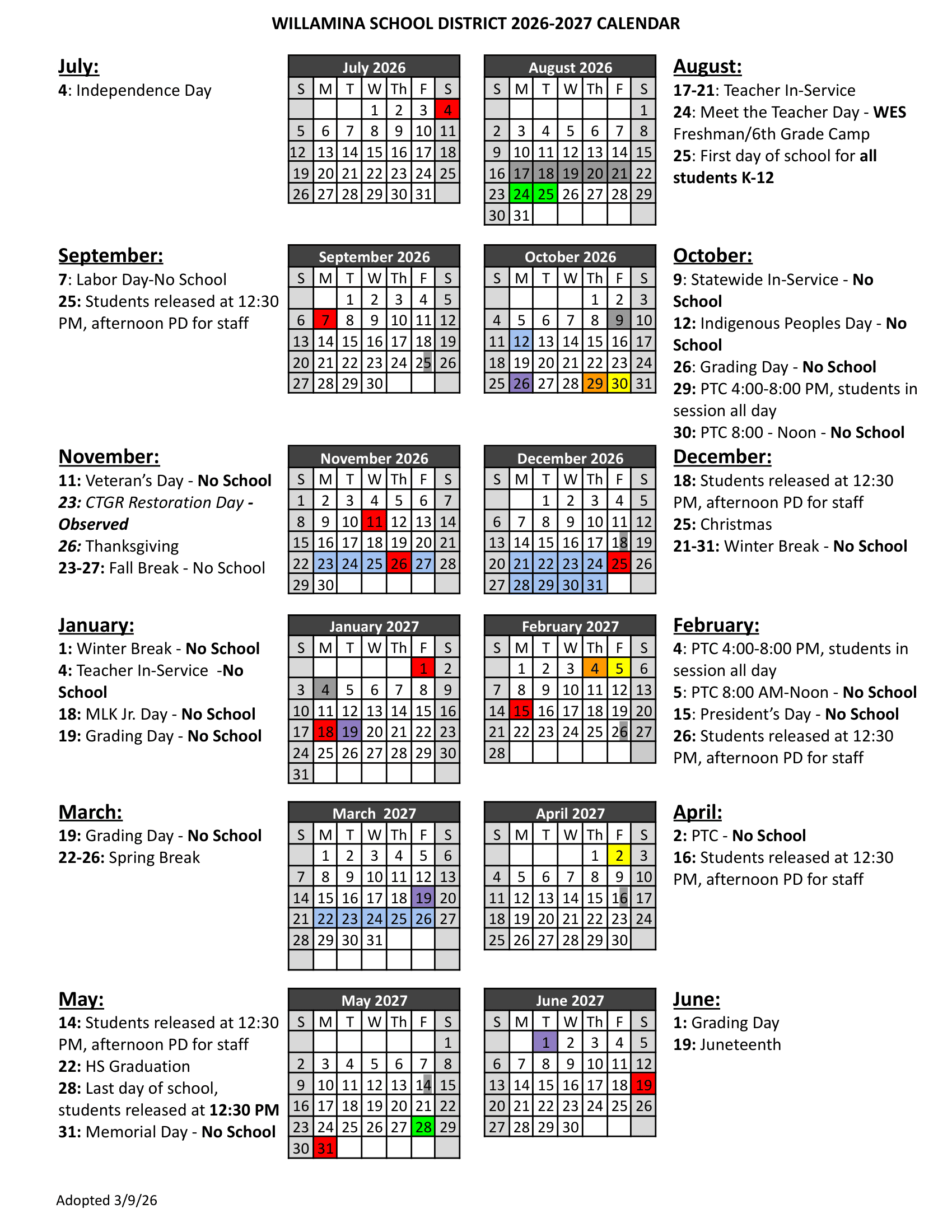 Willamina School District Calendar 26-27 PDF