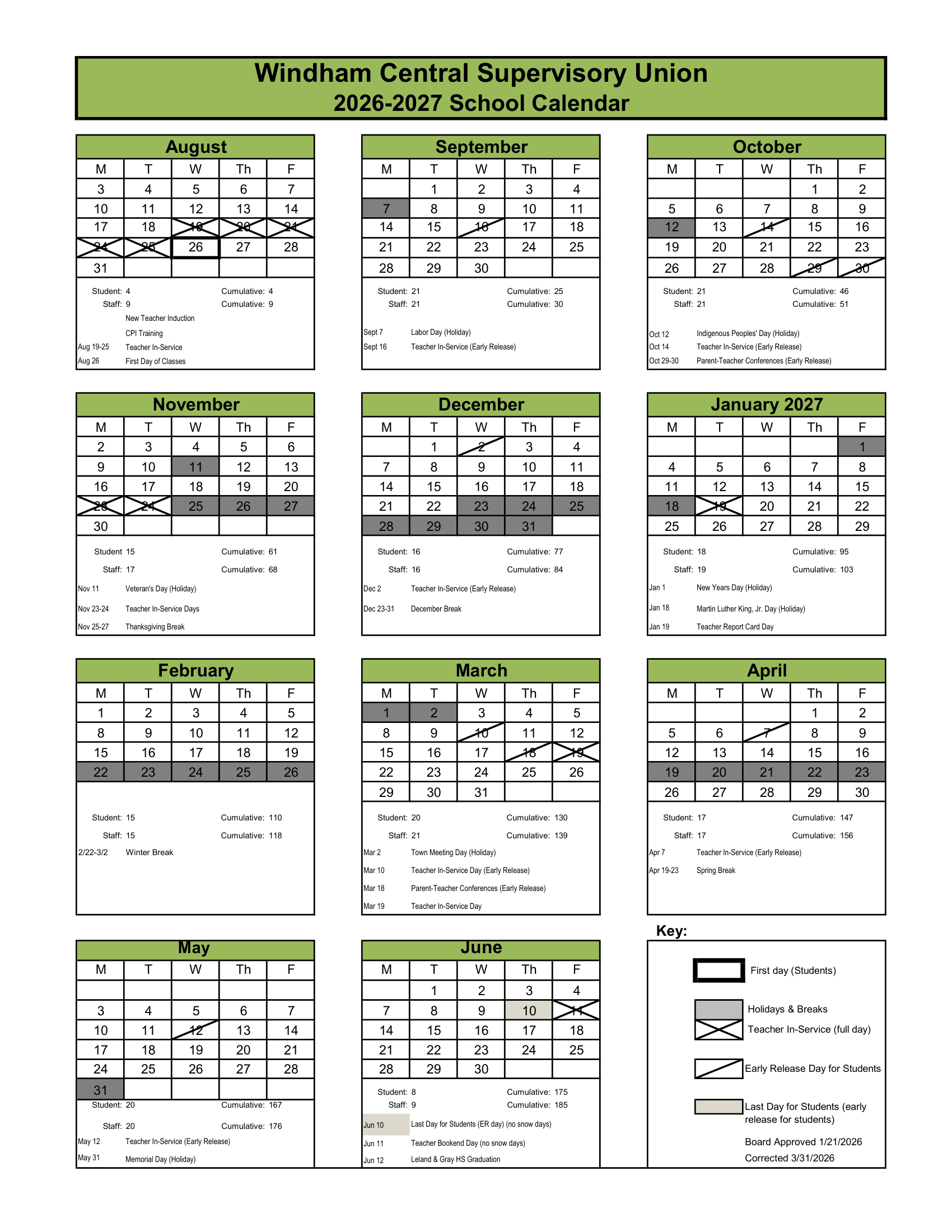 Windham Central Supervisory Union Calendar 26-27 Revised