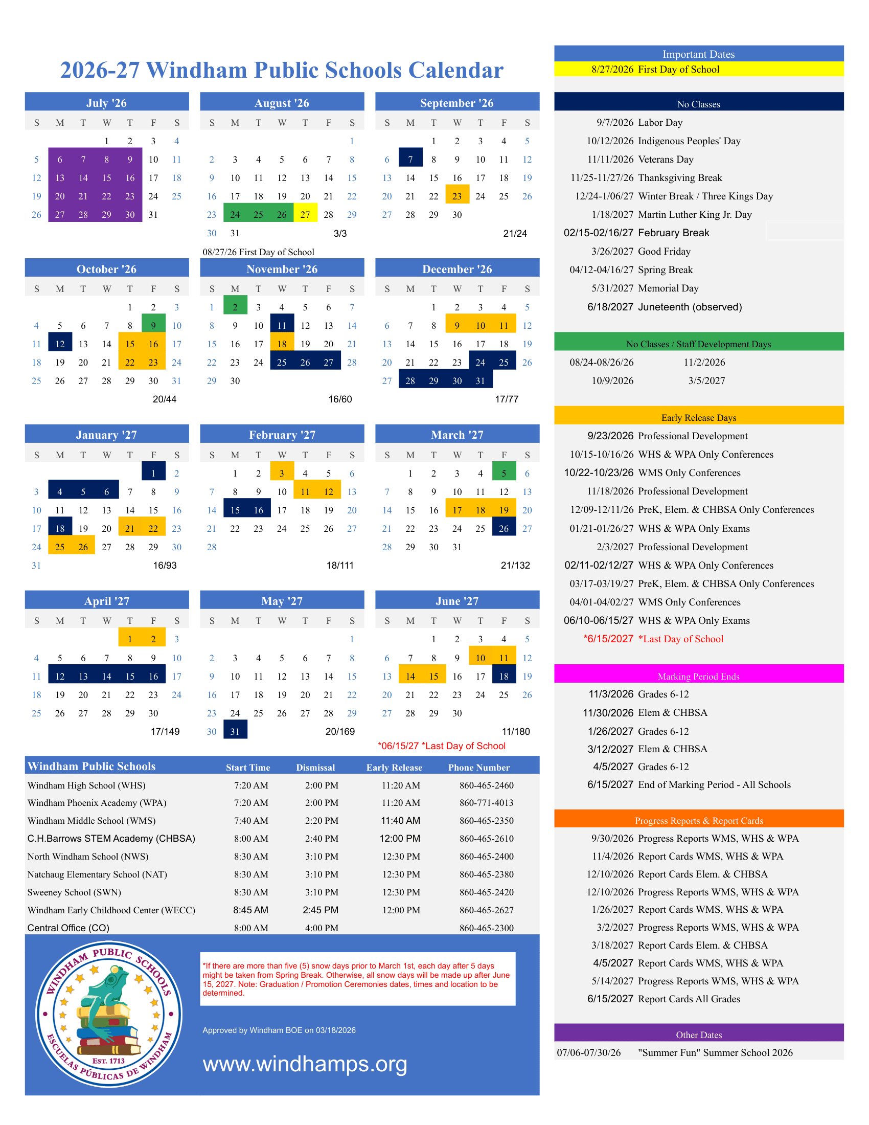 Windham Public Schools Calendar 26-27 pdf