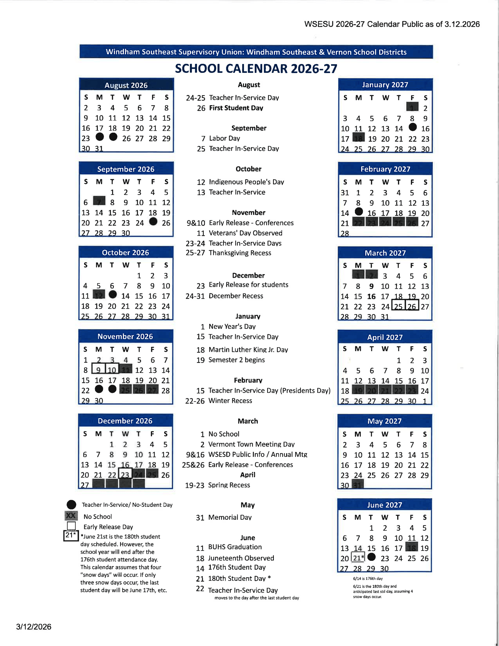 Windham Southeast Supervisory Union: Windham Southeast & Vernon School Districts Calendar 26-27 Revised