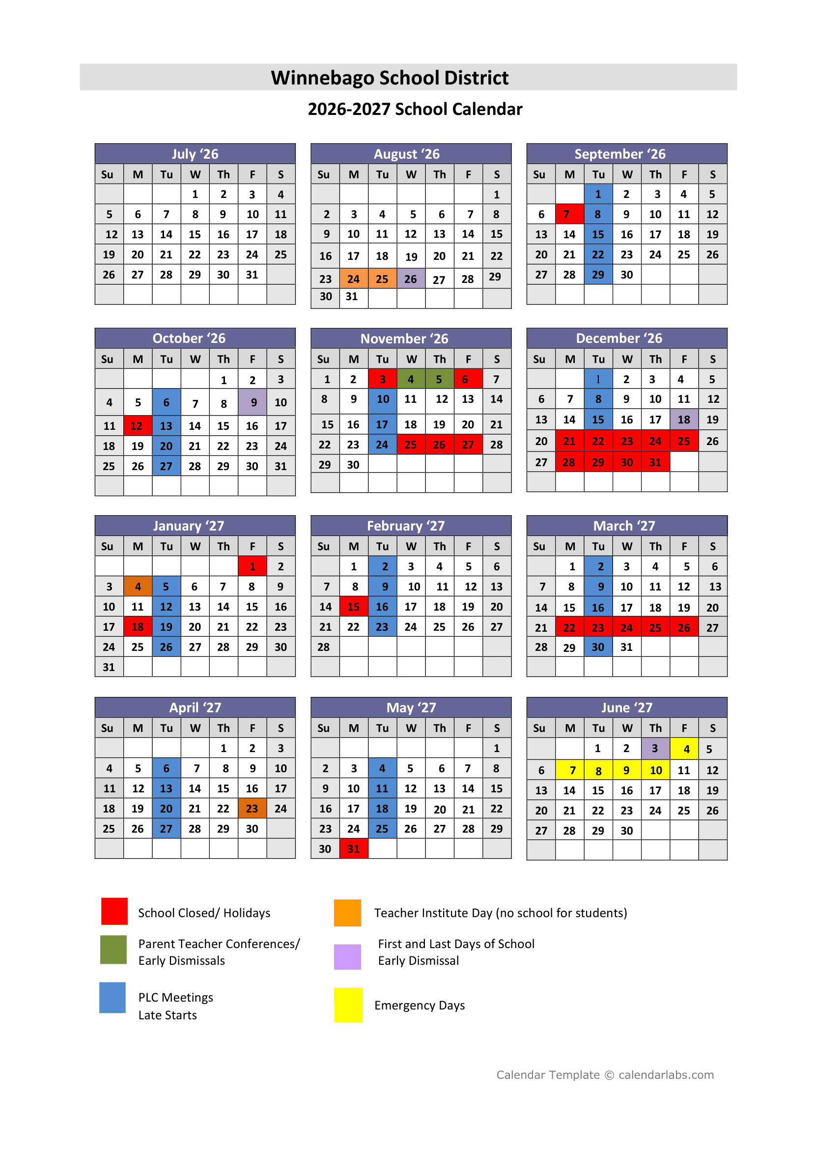 Winnebago School District Calendar 26-27 Revised