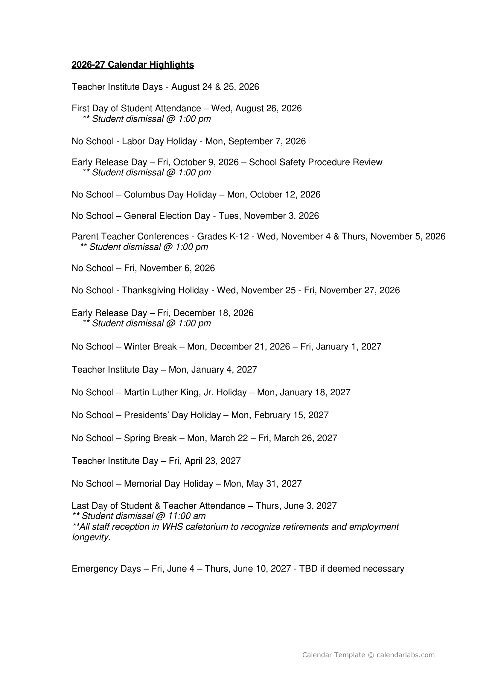 Winnebago School District Calendar 26-27 Revised