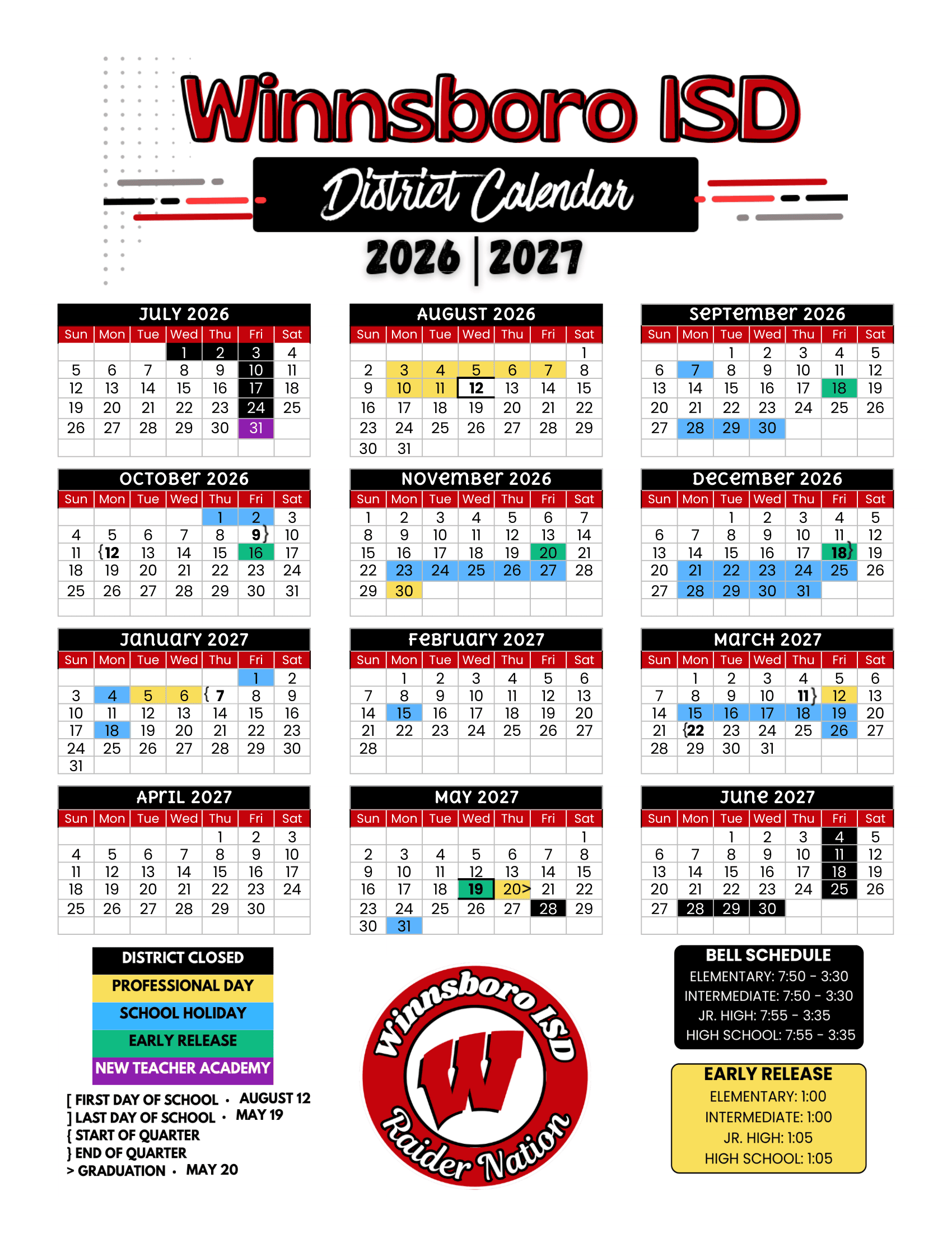 Winnsboro ISD Calendar 26-27 pdf
