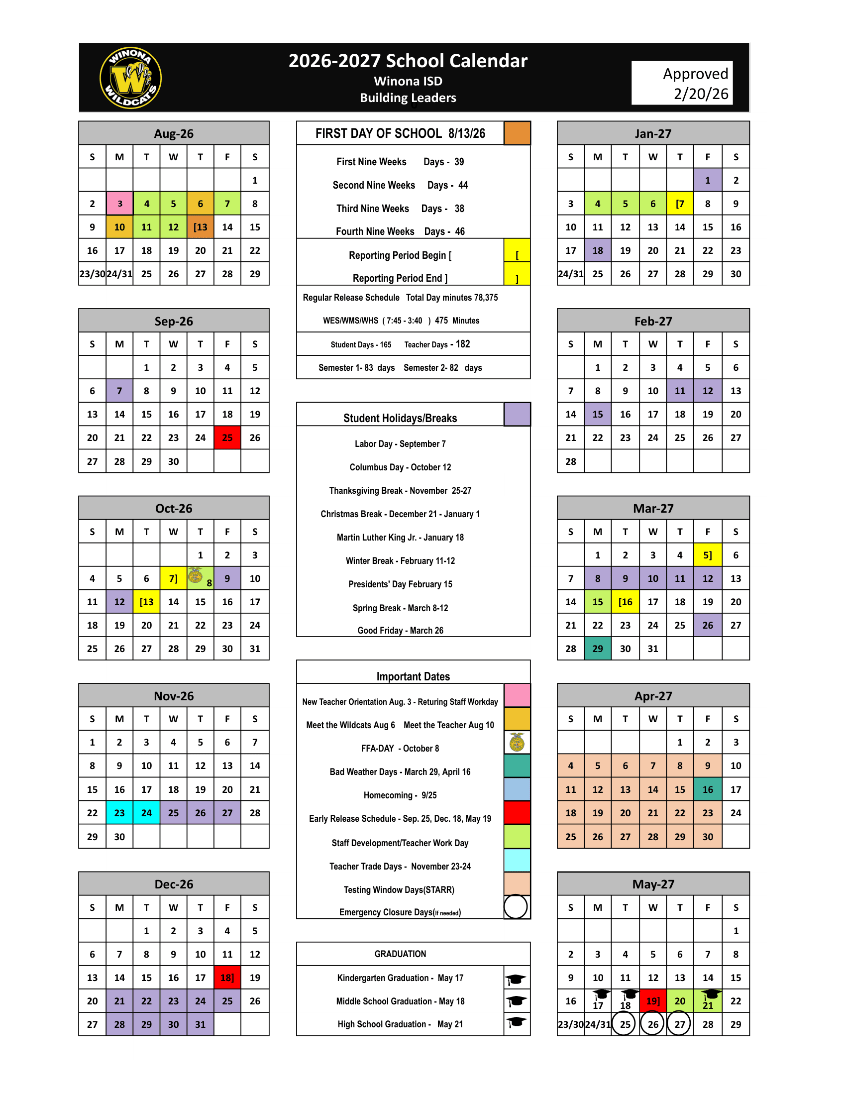 Winona ISD Calendar 26-27 pdf