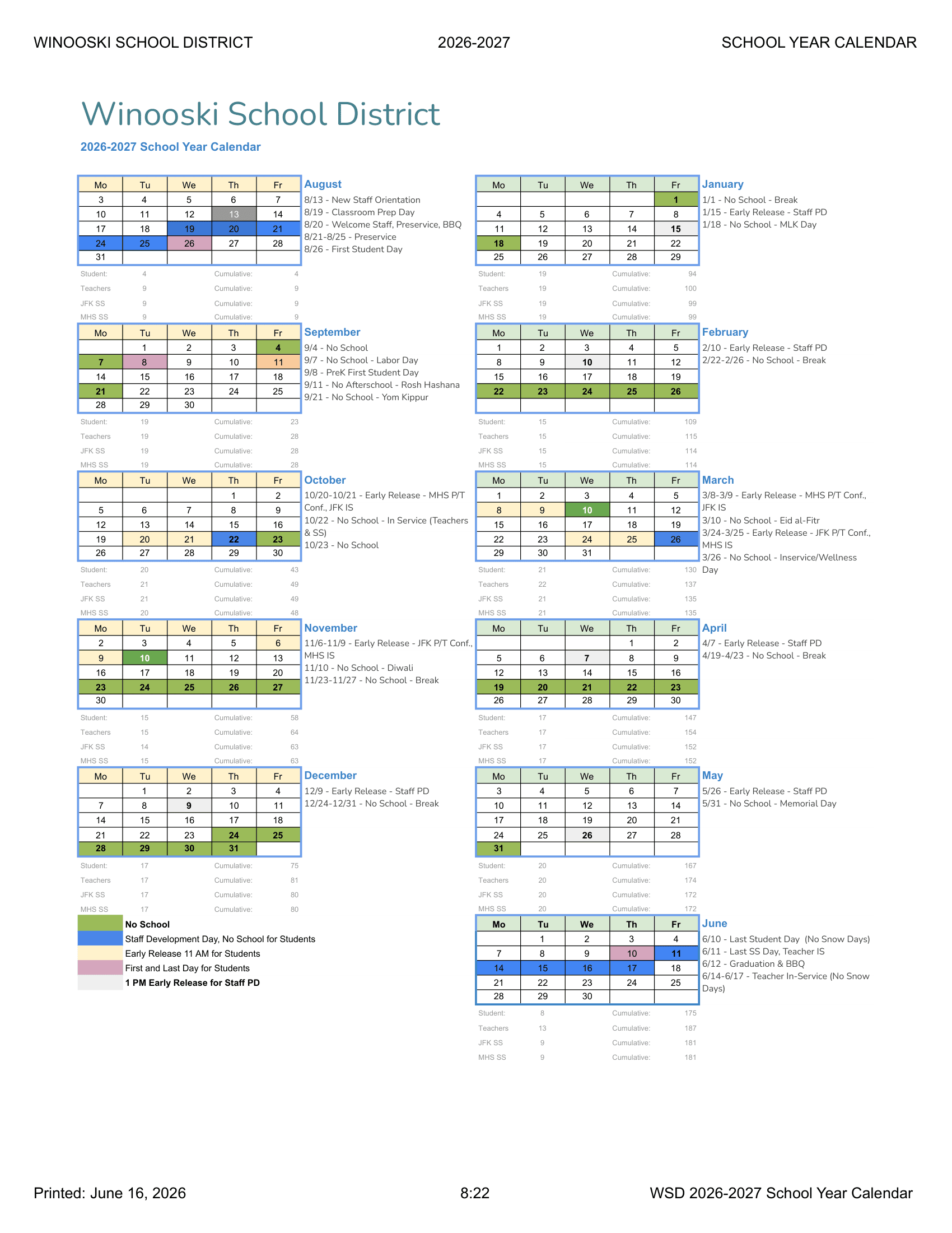 Winooski School District Calendar 26-27 Revised