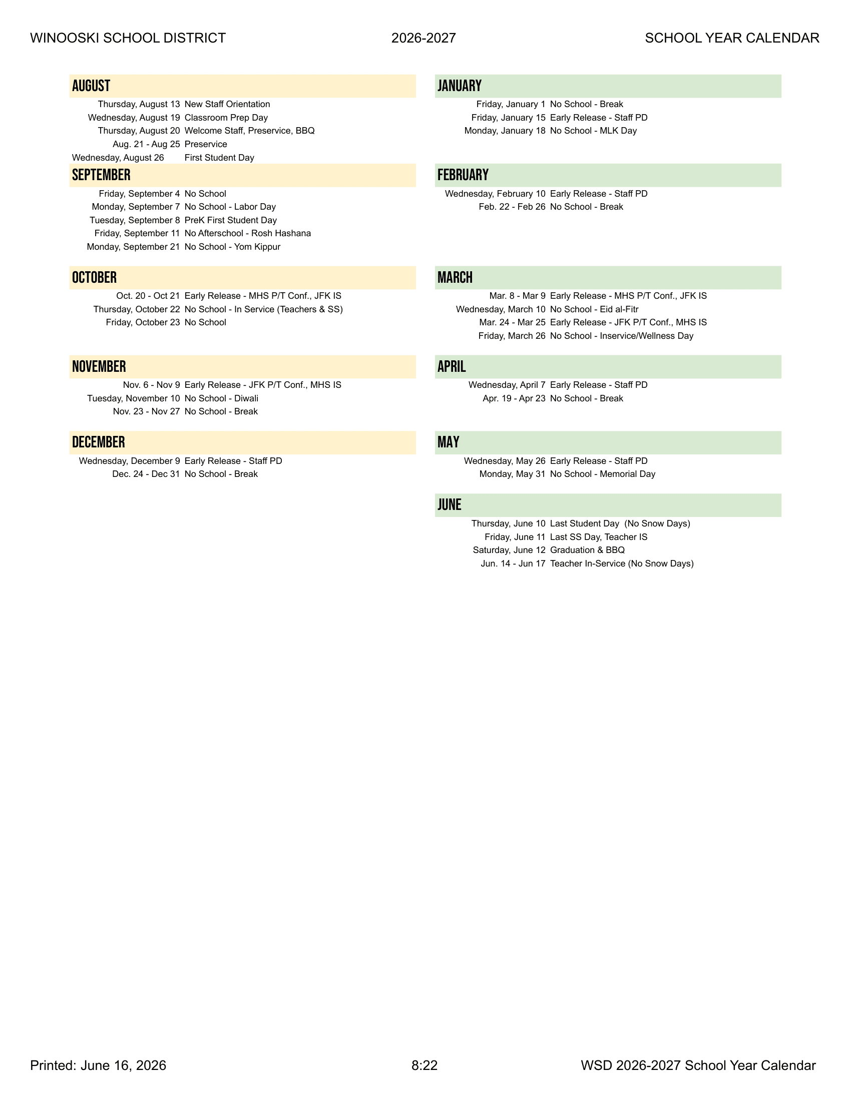 Winooski School District Calendar 26-27 Revised