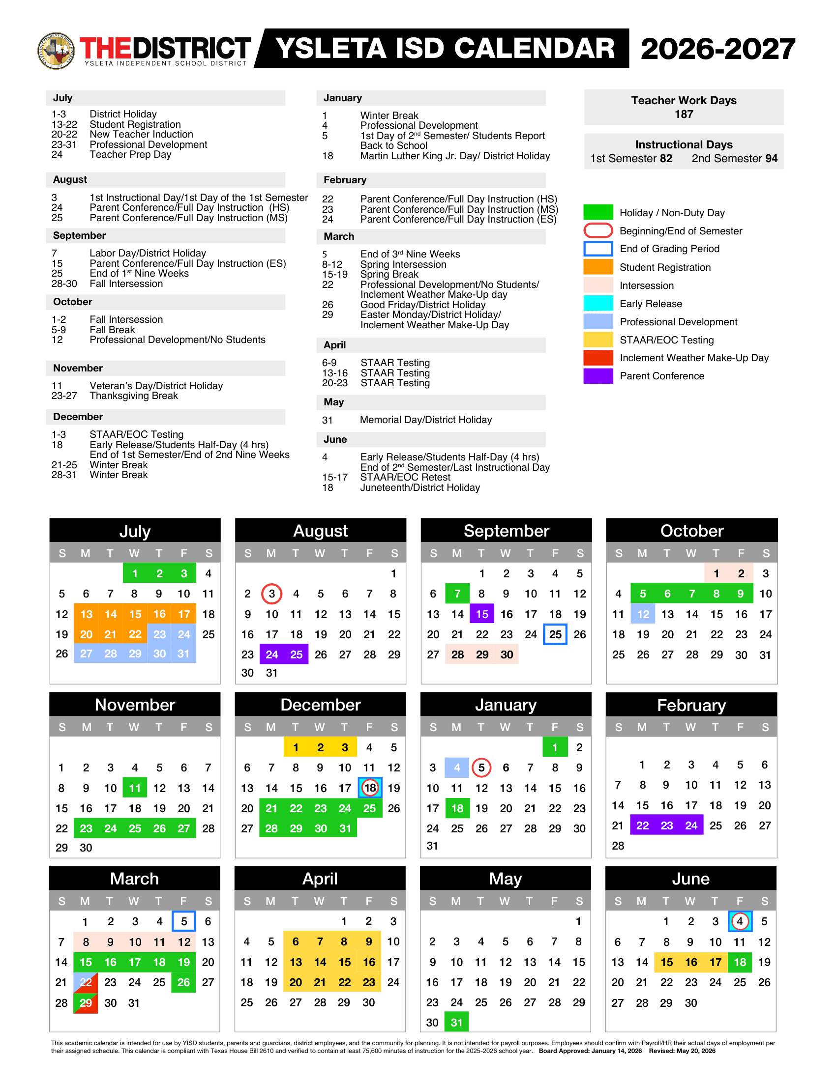 Ysleta ISD Calendar 26-27 pdf