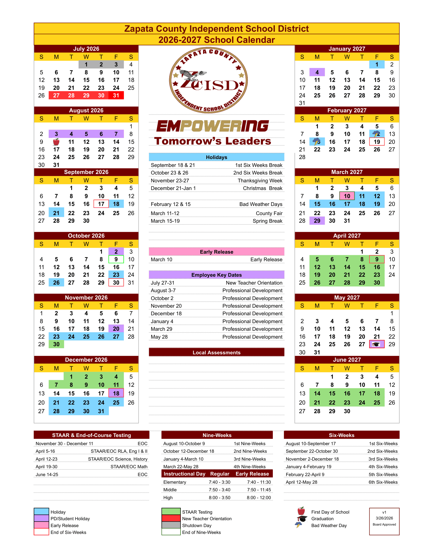 Zapata County Independent School District Calendar 26-27 Revised
