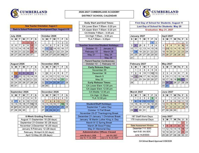 Cumberland Academy District School Calendar Calendar 26-27 pdf
