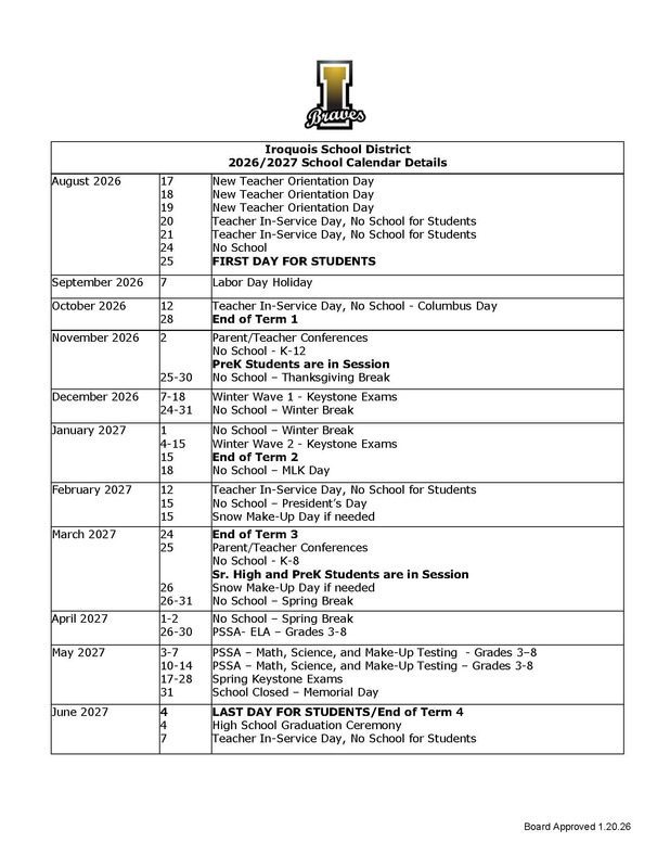 Iroquois School District Calendar 26-27 pdf