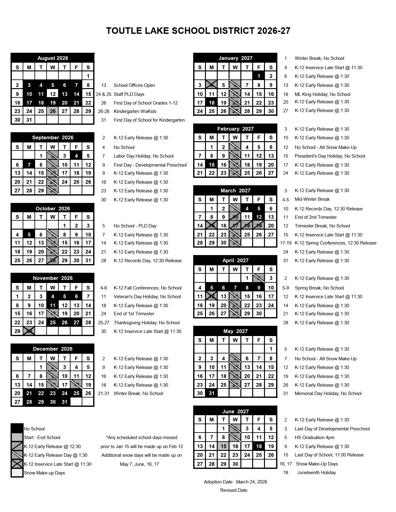 TOUTLE LAKE SCHOOL DISTRICT Calendar 26-27 pdf